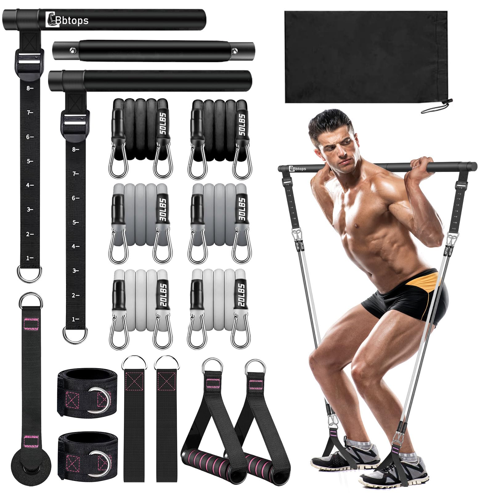 Pilates Bar Kit with Resistance Bands(4 x Bands),3-Section Pilates Bar with Stackable Bands Workout Equipment for Legs,Hip,Waist