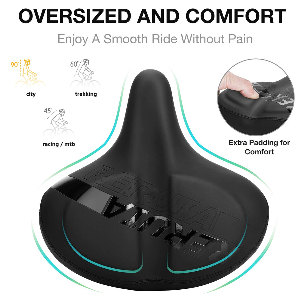 Reruia Large Bike Seat Comfortable And Wide Saddle Dual Shock Absorbing Exercise Bicycle Seat Leather Cover Waterproof Universal
