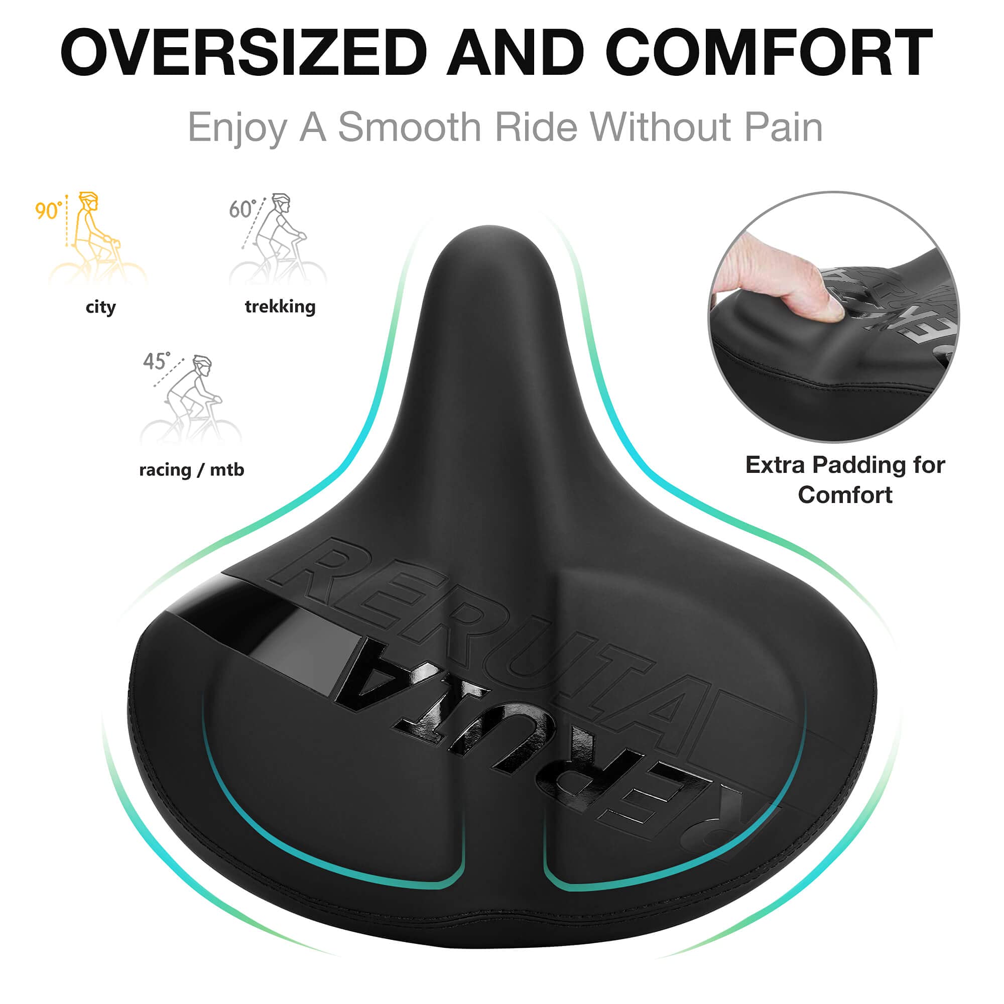 Reruia Large Bike Seat Comfortable And Wide Saddle Dual Shock Absorbing Exercise Bicycle Seat Leather Cover Waterproof Universal