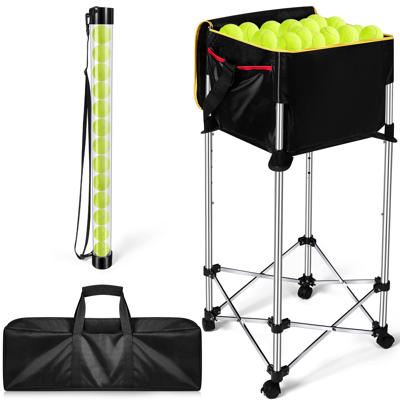 Deekin 2 Pcs Portable Ball Cart and Tennis Ball Pickup Collector Tennis Basket on Wheels with Storage Bag Tennis Ball Picker Upp