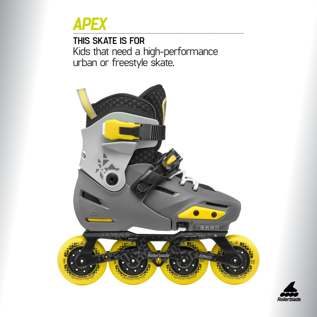 Rollerblade Apex Junior Adjustable Fitness Inline Skate, Charcoal & Yellow