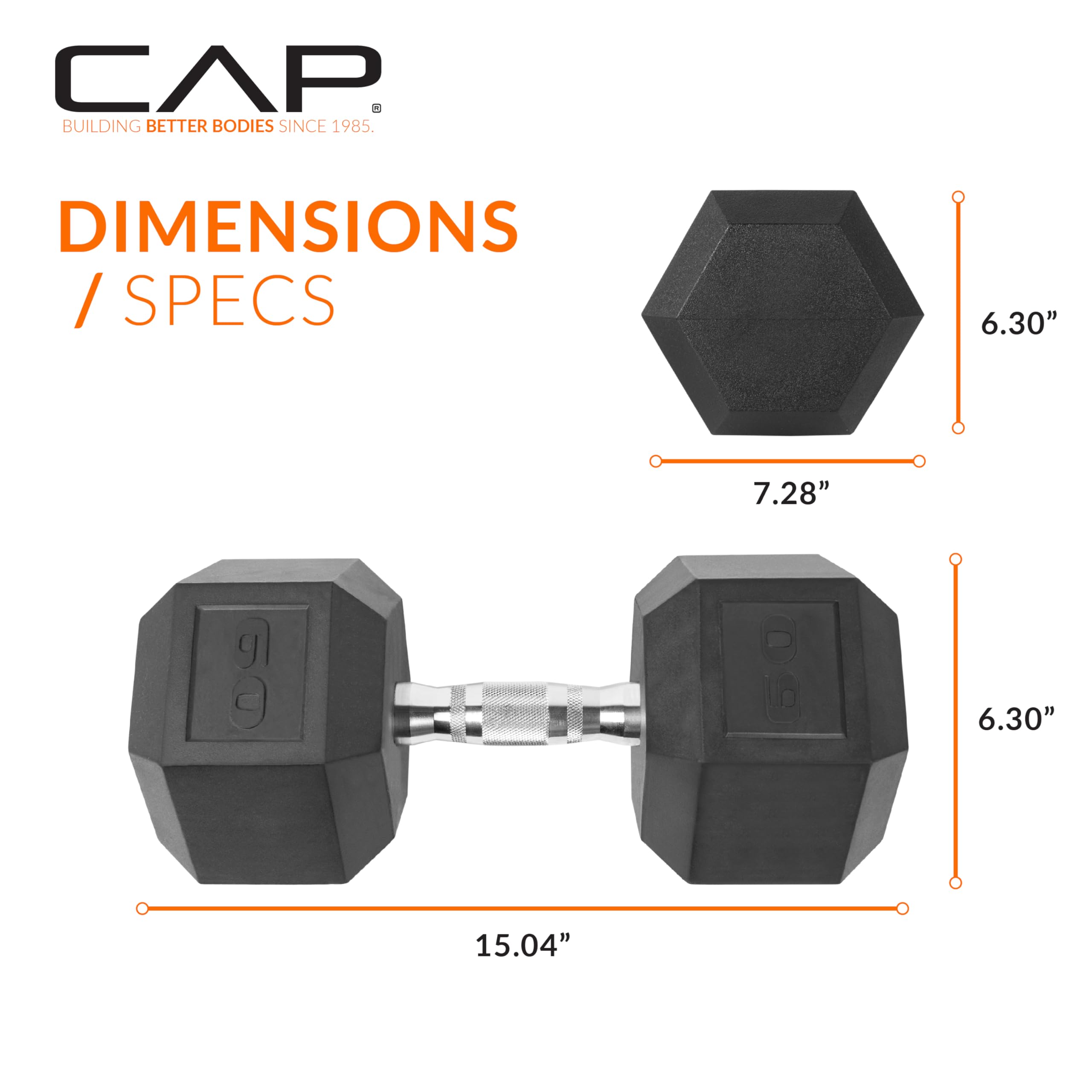 CAP Barbell 60 LB Rubber Coated Hex Dumbbell Hand Weight - Pair | Chrome Handle