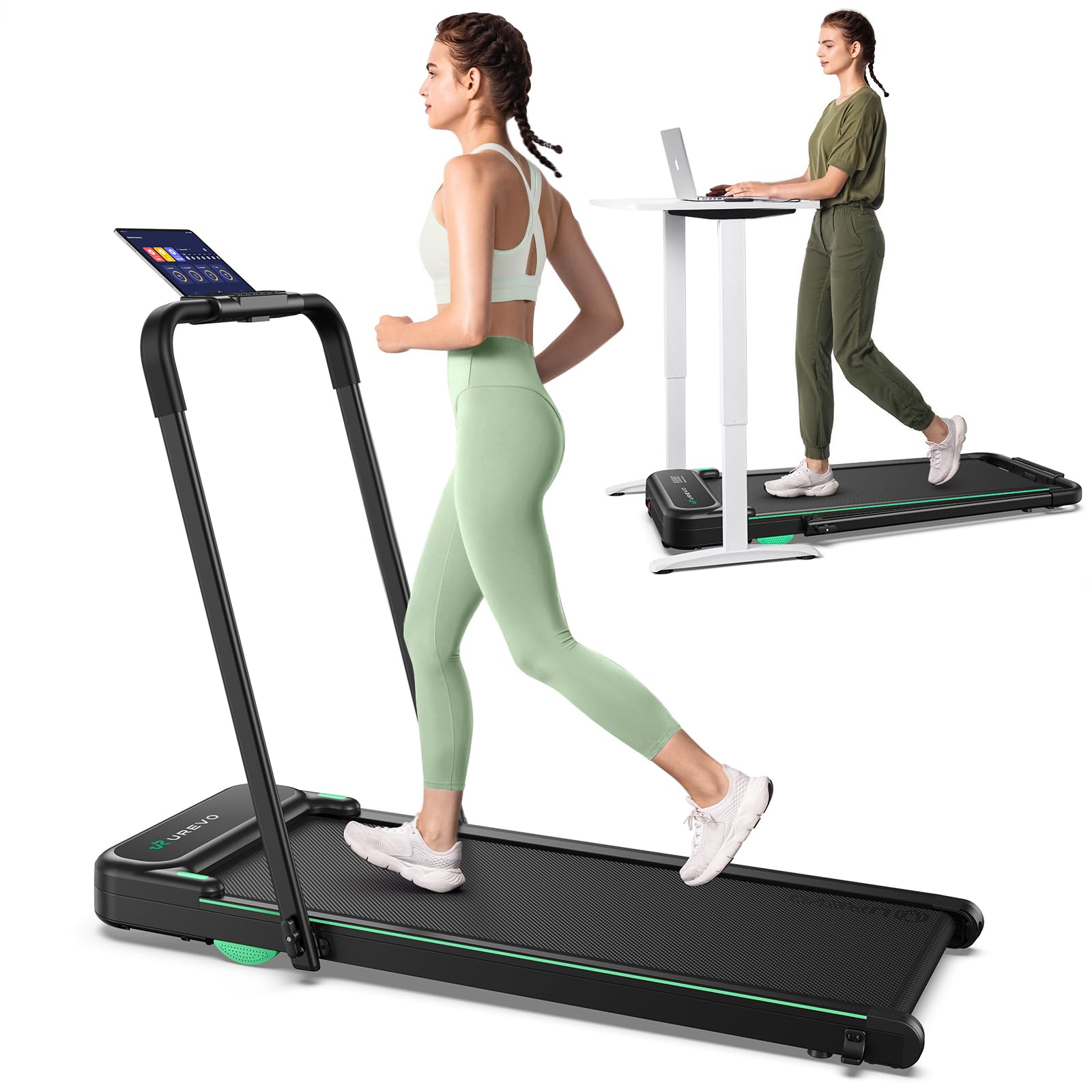 UREVO Strol 2E Smart 2-in-1 Folding Treadmill, Compact Walking Pad with Safety Handle, Plug and Play, Dual LED Display, Workout