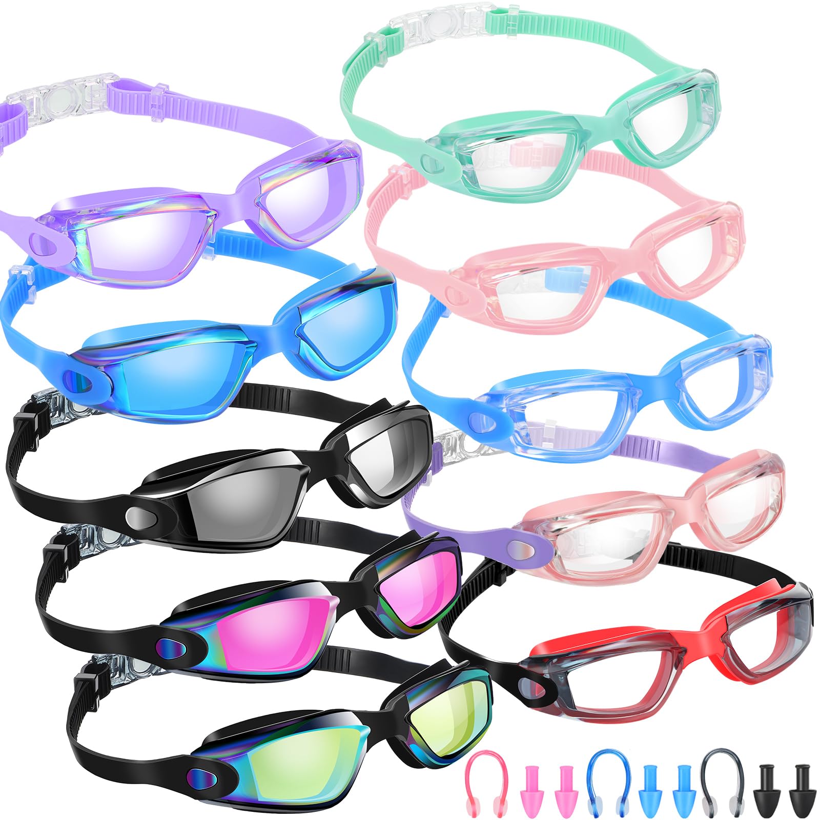 Konohan 10 Pack Swim Goggles for Kids Adults Anti Fog No Leak Silicone Swimming Goggles Glasses Ear Plugs Nose Clips for Pool(Li