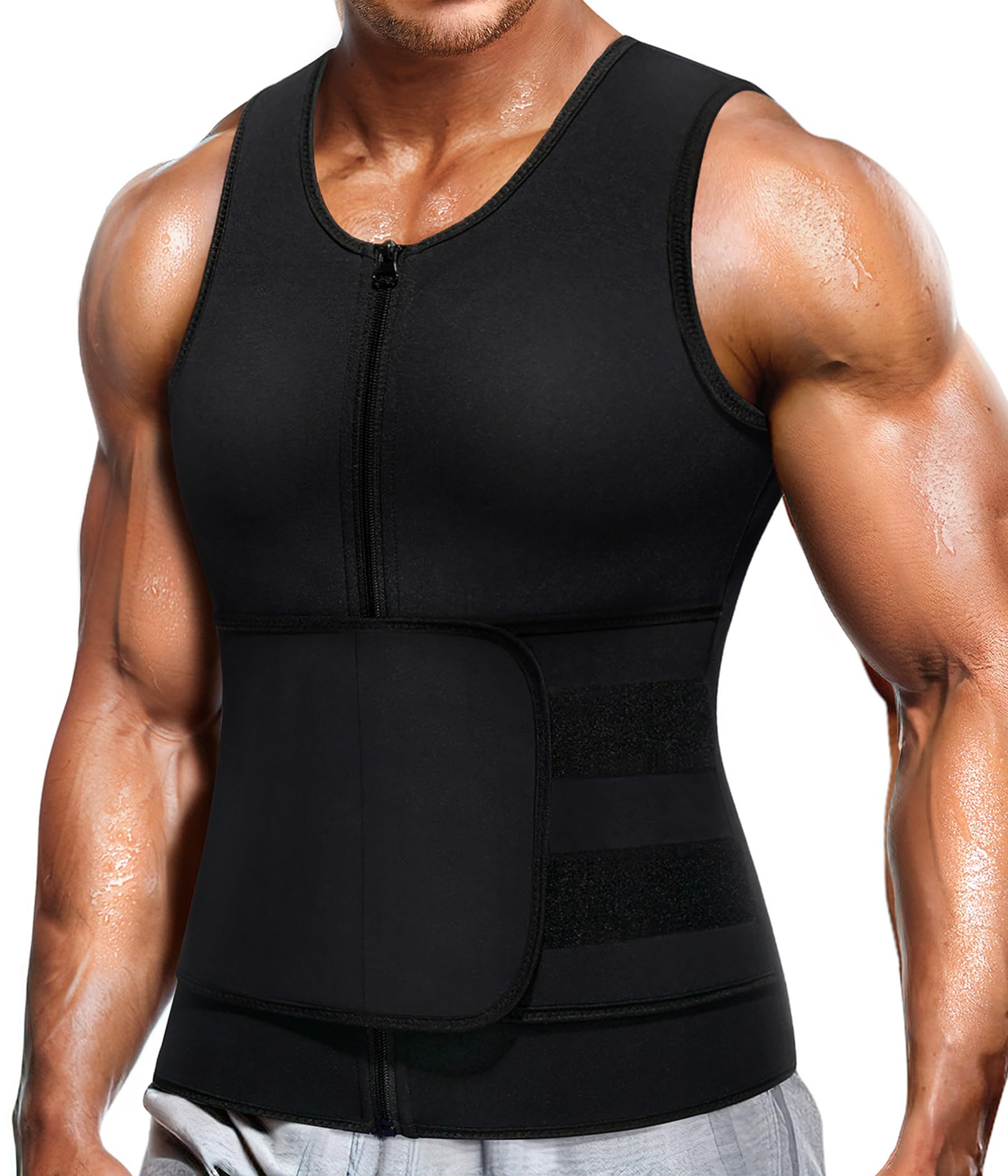 Wonderience Neoprene Sauna Suit For Men Waist Trainer Vest Zipper Body Shaper With Adjustable Belt Tank Top (Black, Medium)
