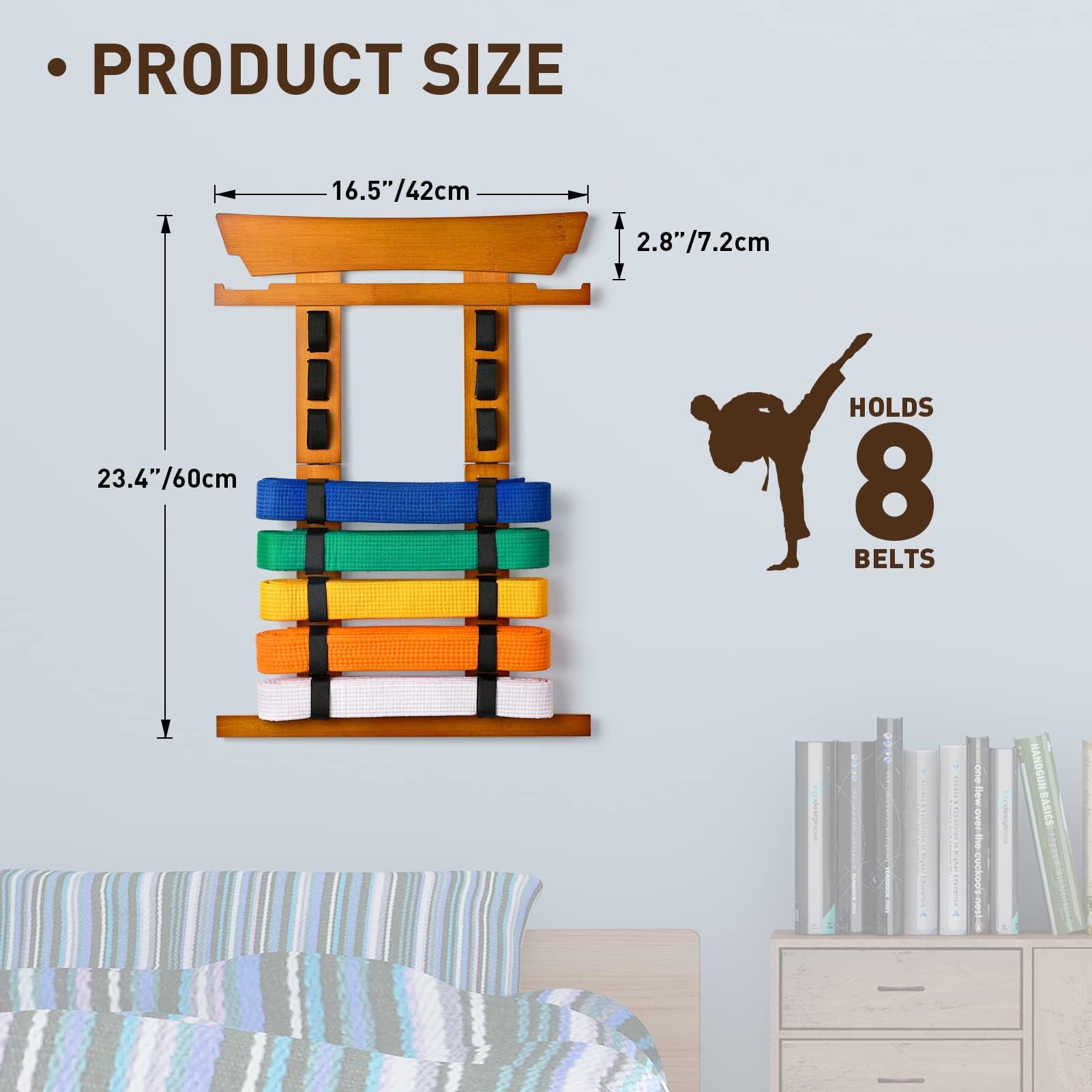 Tilhumt Karate Belt Display Rack Holder, Bamboo Taekwondo Belt Display With Stickers, Martial Arts Belt Display For 8 Belts With