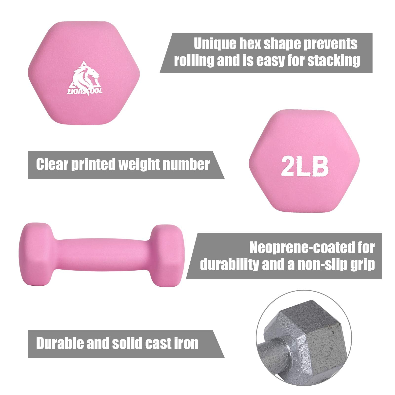 Lionscool Neoprene Coated Dumbbell Weights (Hot Pink 2Lb Pair)