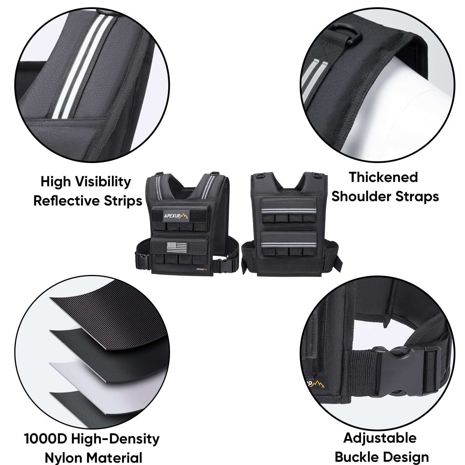 APEXUP Adjustable Weighted Vest Men 20lbs/30lbs/40lbs Weights with Reflective Stripe, Weight Vest Woman Workout Vest for Strengt
