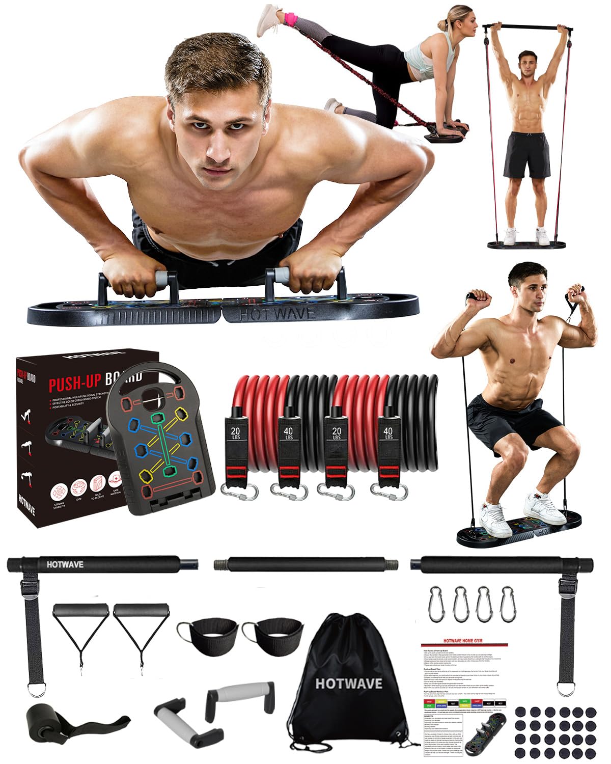 Hotwave 20 In 1 Push Up Board With 16 Gym Accessories.Pushups Bar With Resistance Bands,Portable Home Workout Equipment,Strength