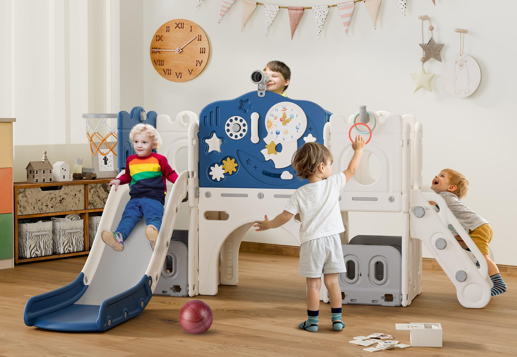 BIERUM 12 in 1 Toddler Slide, Astronaut Themed Baby Slide for Toddlers Aged 1-3, with Astronaut, Moon, Cloud, Star, Phone Call D
