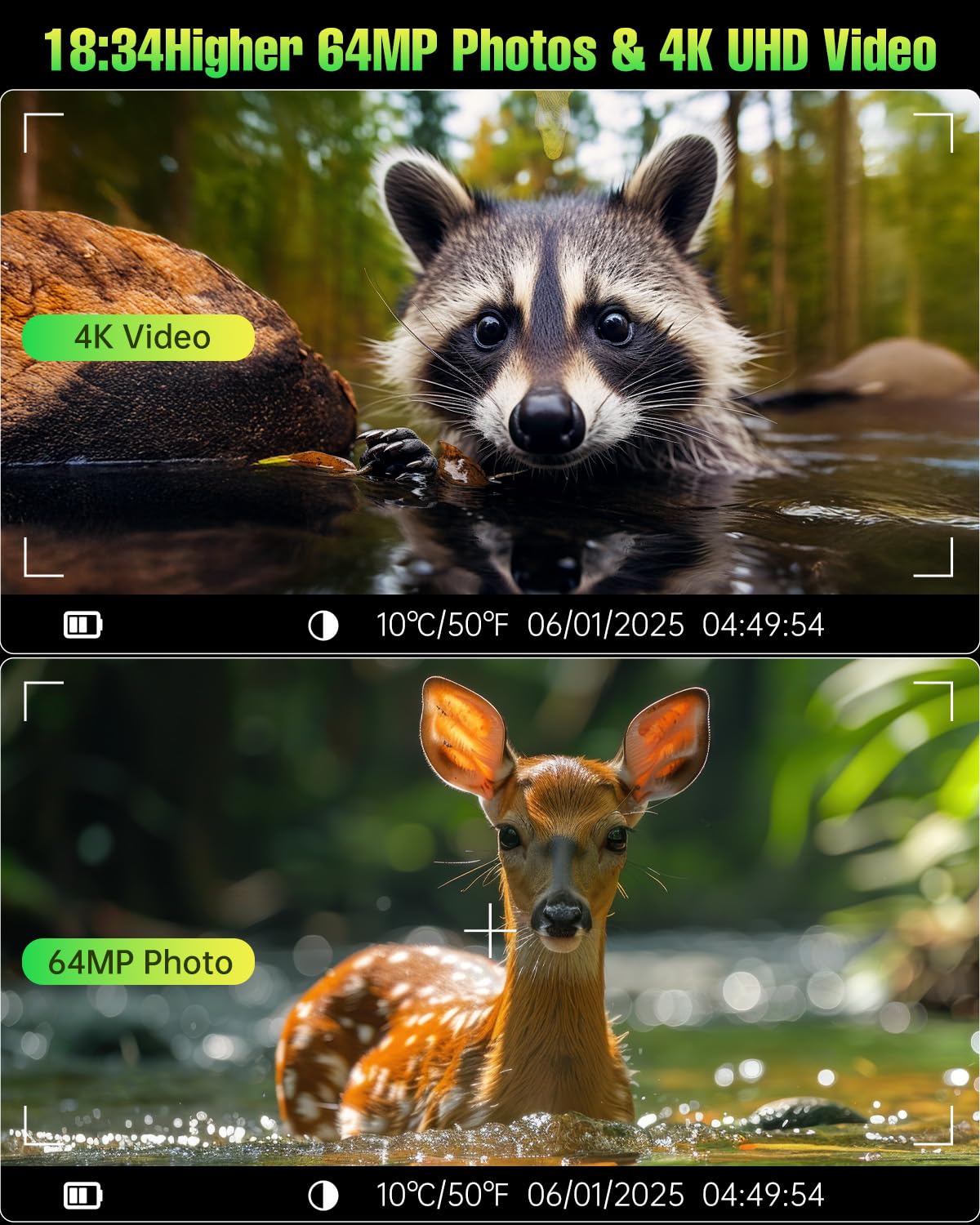 Fkpcam Trail Camera 4K 64Mp With 5000Mah Rechargeable Battery 64Gb Micro Memory Card Ip67 Waterproof, Night Vision, Motion Activ