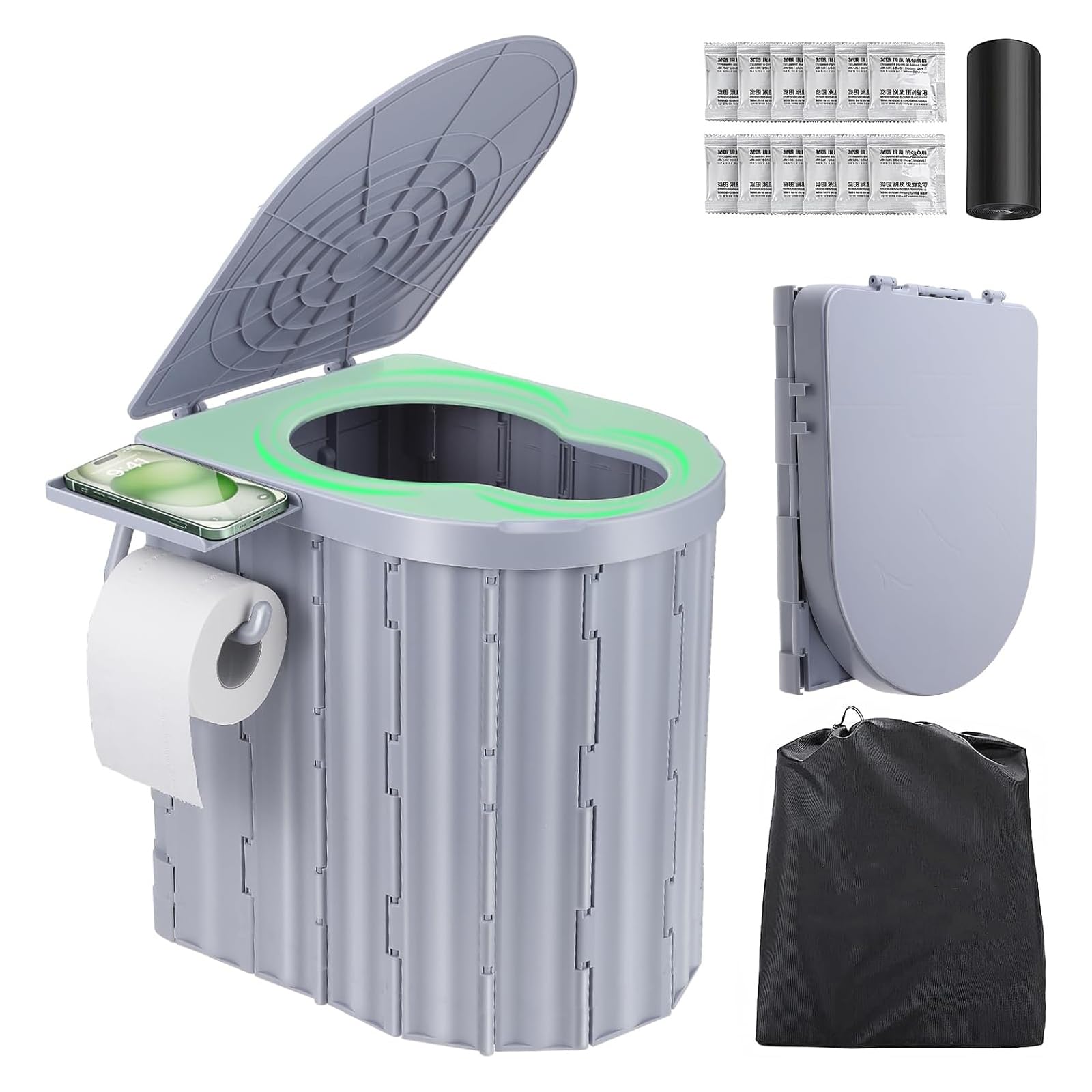 Sckee Camping Toilet, Portable Toilet For Adults, Portable Travel Folding Toilet With Lid And Paper Holder, Compact Potty For Ca