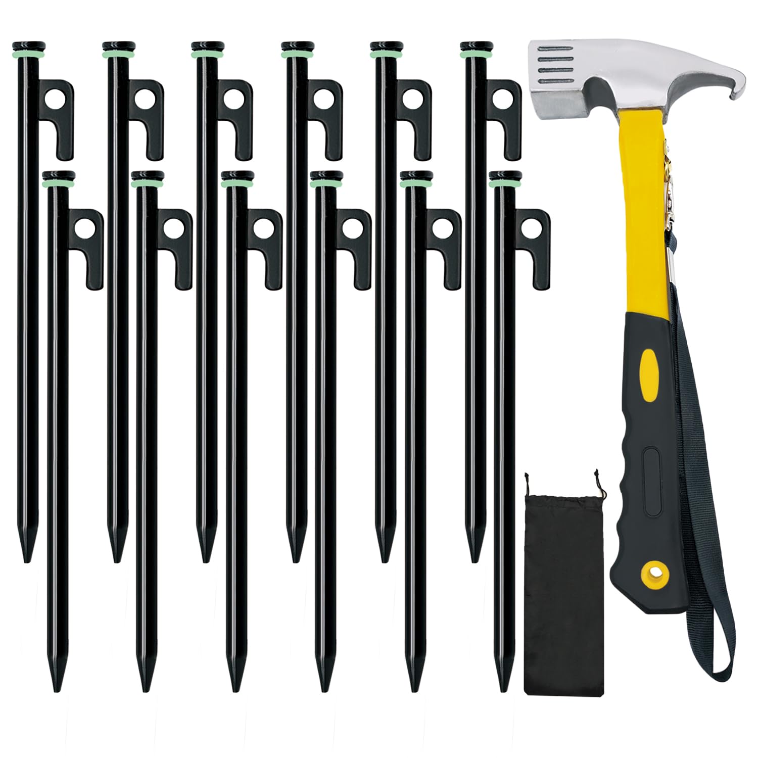Tent Stake With Hammer, 12-Pack 12In Heavy Duty Tent Stakes + 10In Tent Stakes Hammer+Storage Pouch, Forged Steel Tent Stakes Fo
