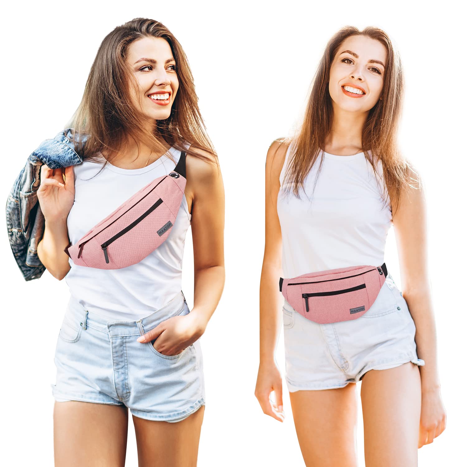 Large Pink Fanny Pack Cross Body Belt Bag With 4-Zipper Pockets Adjustable Straps Waist For Women Girl,Gifts For Enjoy Festival