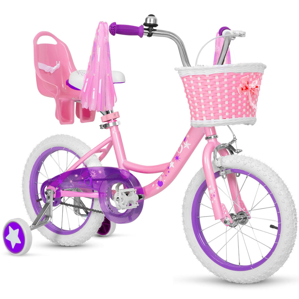 Weize Girls Bike For 3-5 Years Old Kids, 14 Inch Kids Bike With Training Wheels, Streamers, Basket And Doll Seat, Children Bicyc