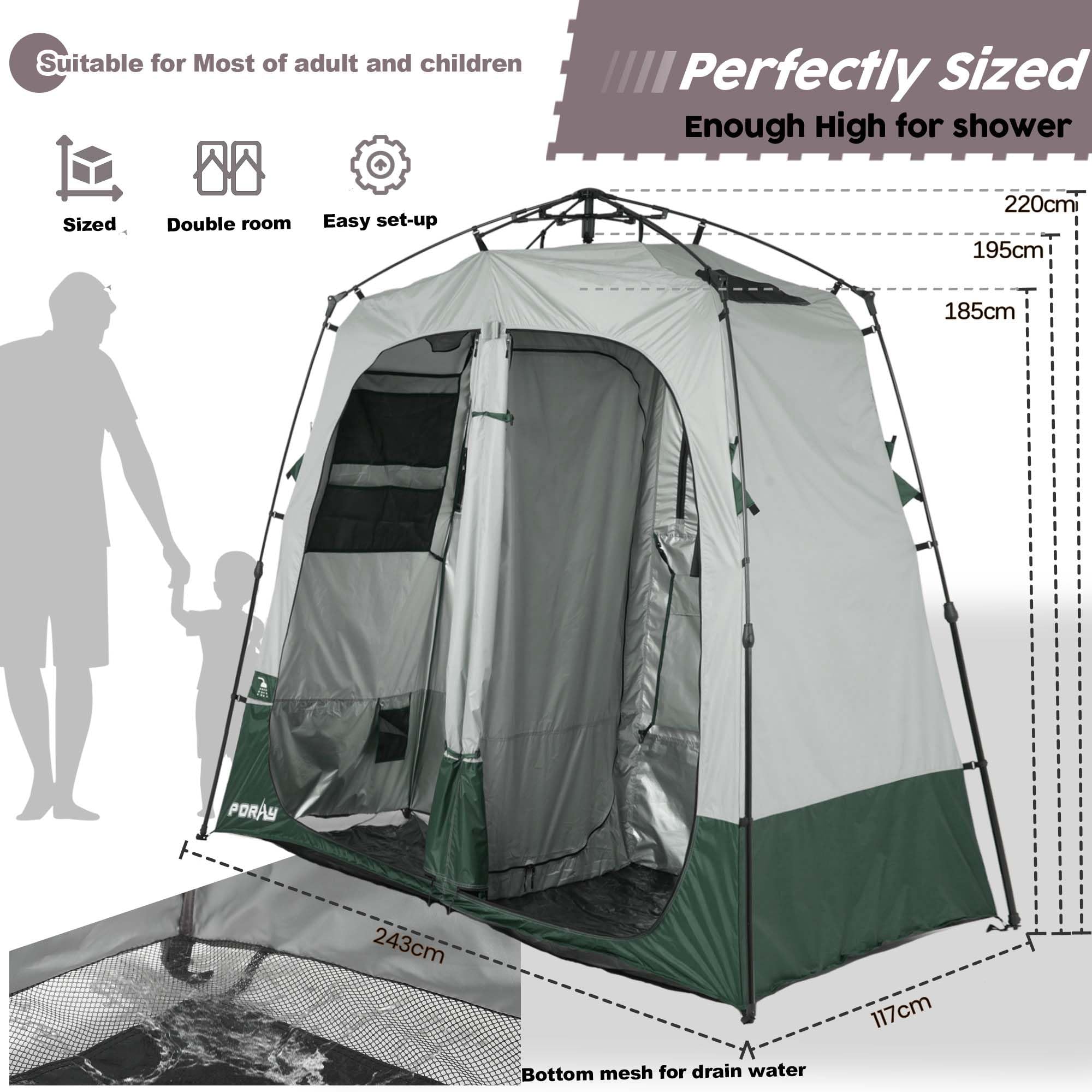 Portable Camping Shower Tent Deluxe Changing Room Easy Set Up Privacy Shelter,Large Toilet Tent 2 Rooms With Floor Drain Design