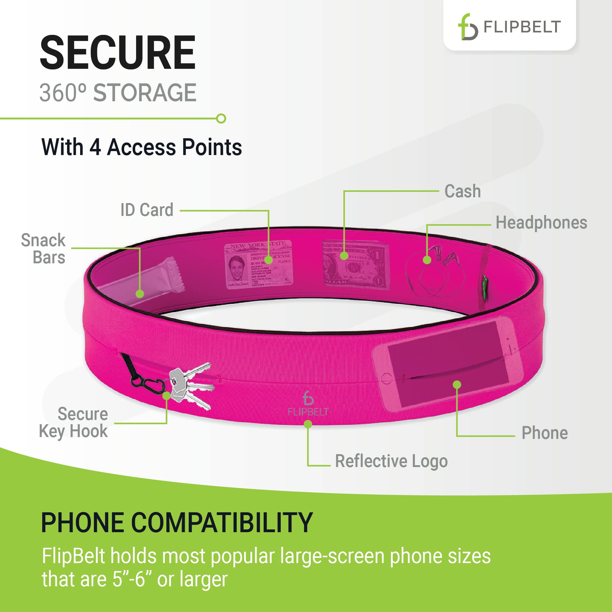 FlipBelt Classic Running Belt for Phone and Small Accessories, Exercise Waist Pouch for Women and Men, XL, Hot Pink