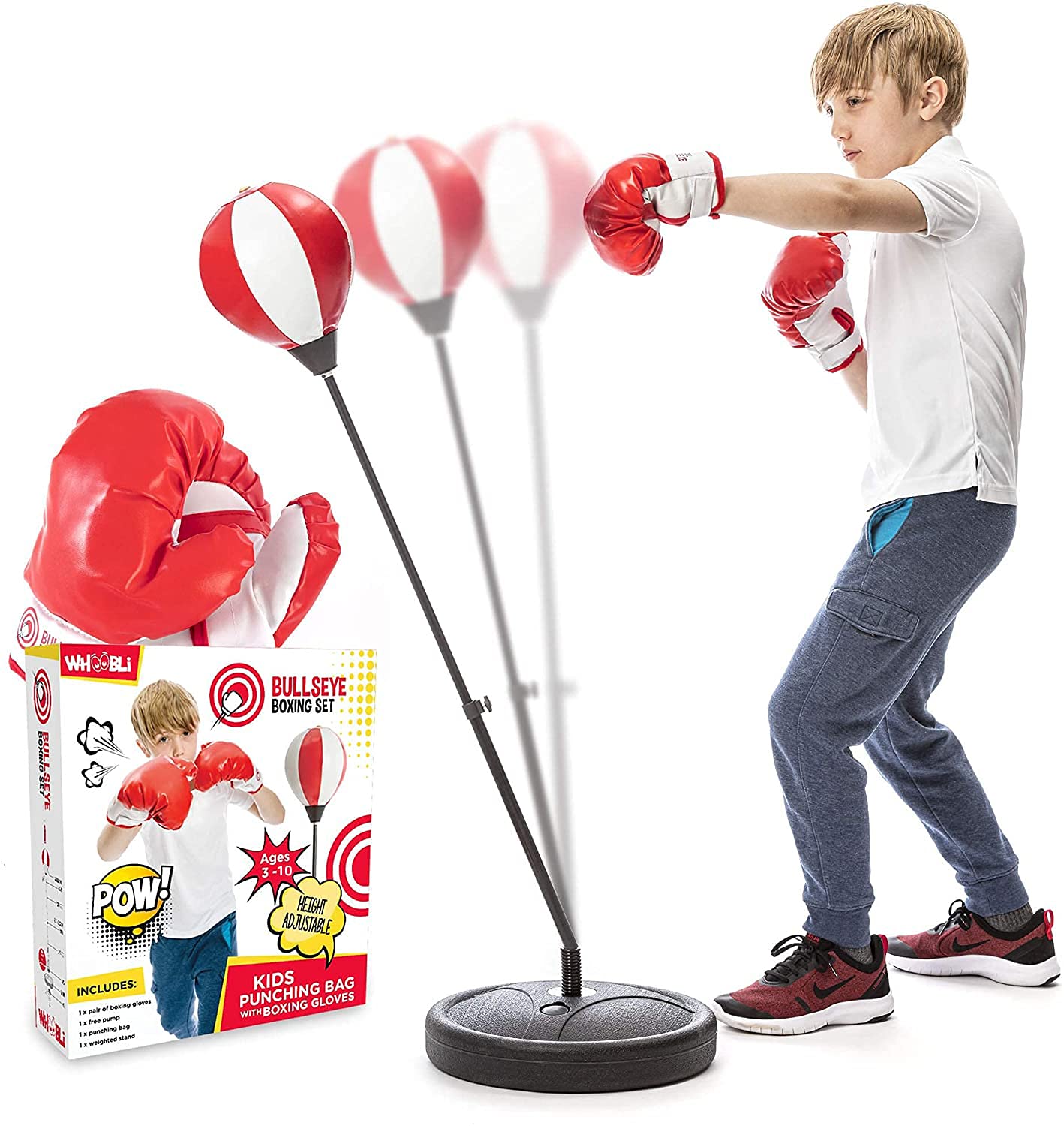 Whoobli Punching Bag for Kids Incl Boxing Gloves | 3-10 Years Old Adjustable Kids Punching Bag with Stand | Boxing Bag Set Toy f