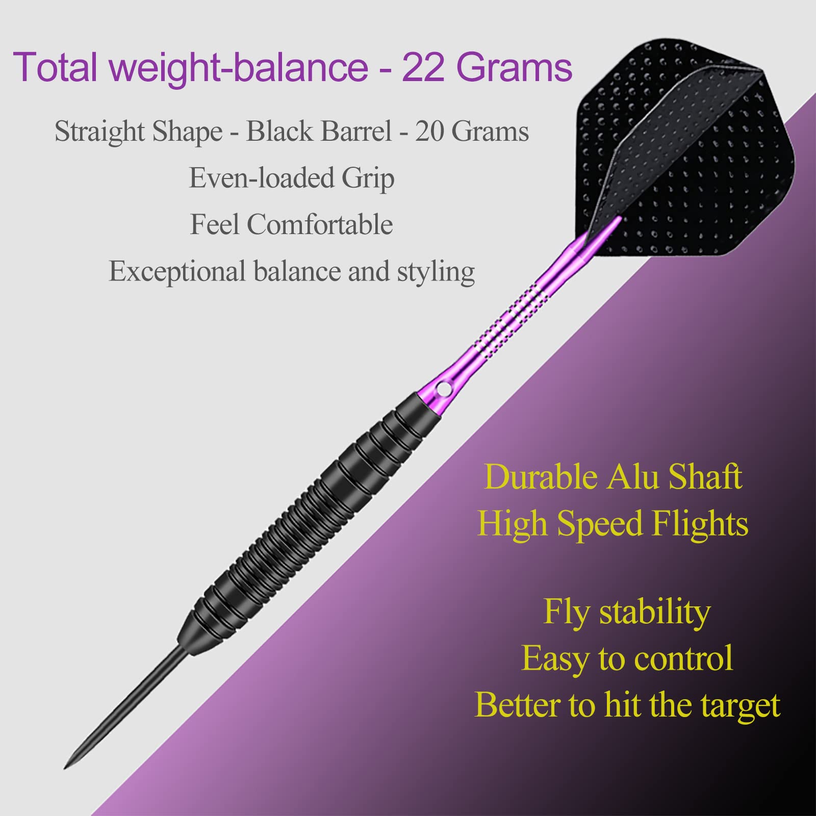 Sanfeng Steel Tip Darts Set For Dartboard, Professional Darts With Metal Tip 22 Grams Purple Aluminium Shafts 9 Flights 50 Rubbe
