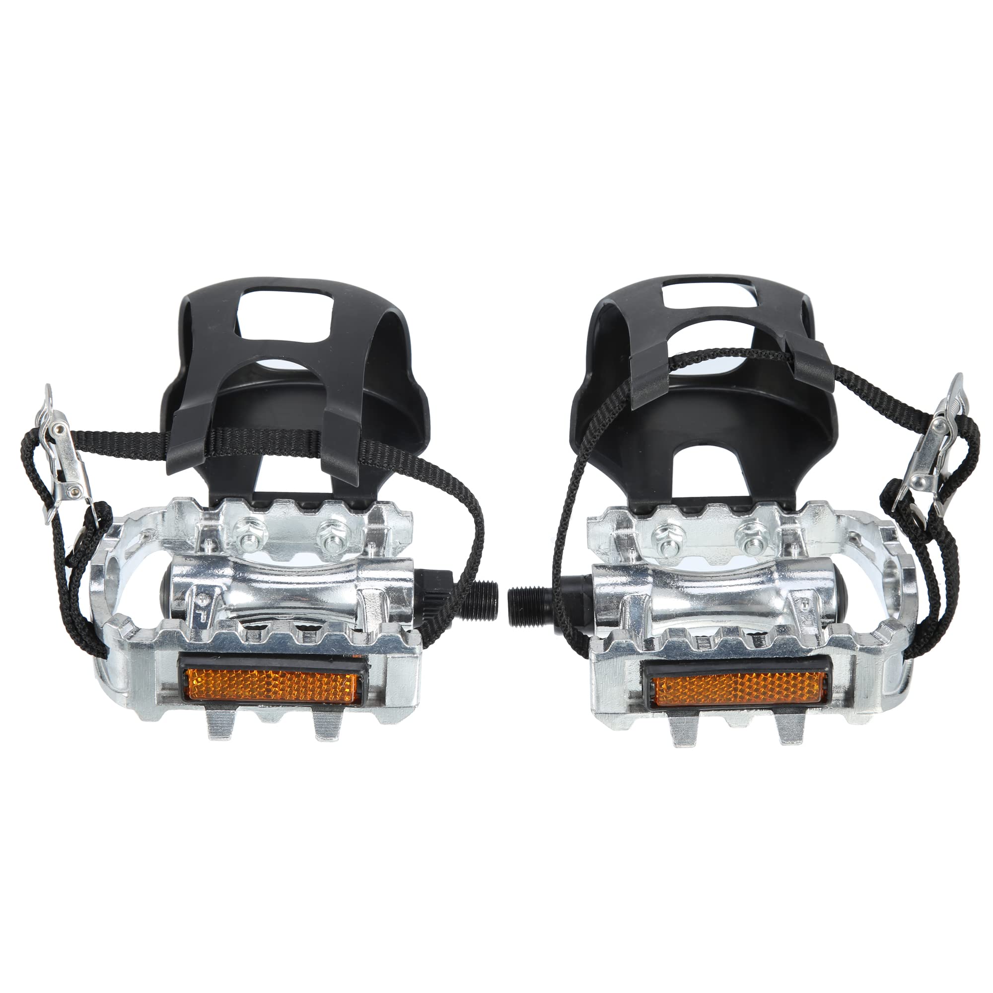 X AUTOHAUX 1 Pair Bicycle Pedals 1/2   Spindle Platform with Toe Clips Fixed Foot Strap Cycling Parts Black Silver Tone