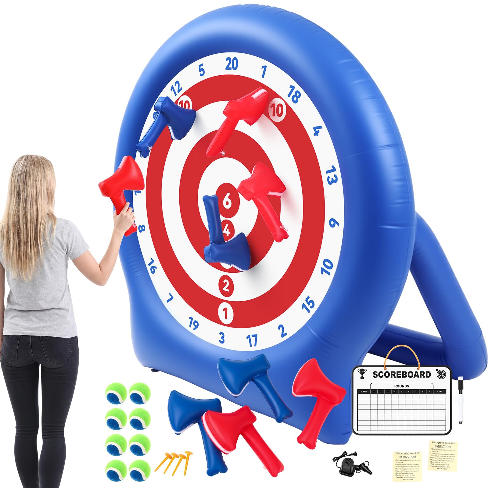 Seenelling 6ft Giant Inflatable Axe Darts with 15+ Game, 22 Pcs Axe Throwing Game Set with Air Pump Giant Outdoor Games for 4th 
