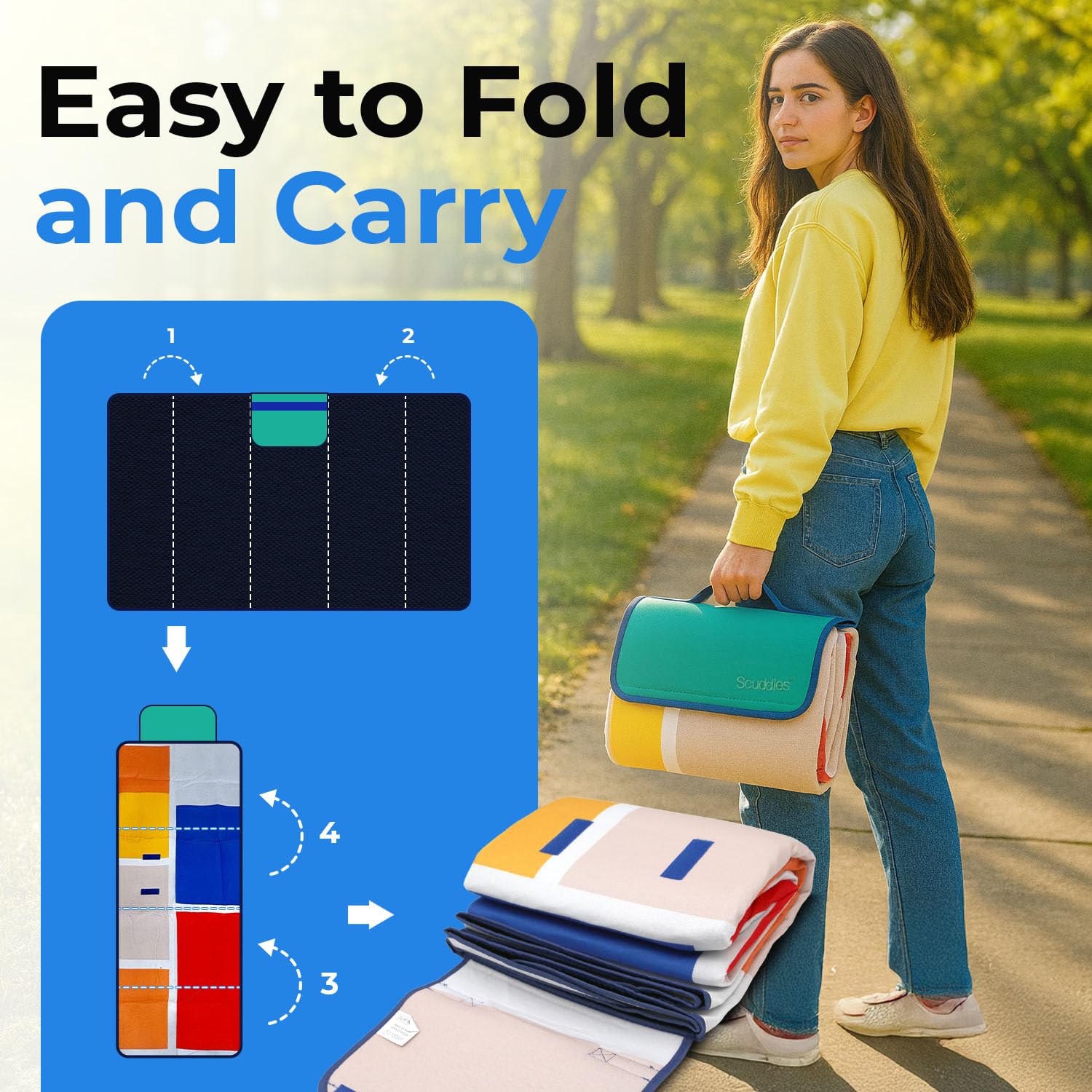Scuddles Extra Large Picnic Blanket - 79 X 59 Waterproof Outdoor Mat With 3-Layer Comfort Design, Easy Fold & Carry Strap For Be