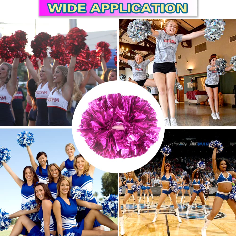 Lovecheer 2Pcs Pom Poms Cheerleading Hot Pink Metallic Cheer Pom Poms With Baton Handle For Sports Team Spirit Party Cheering