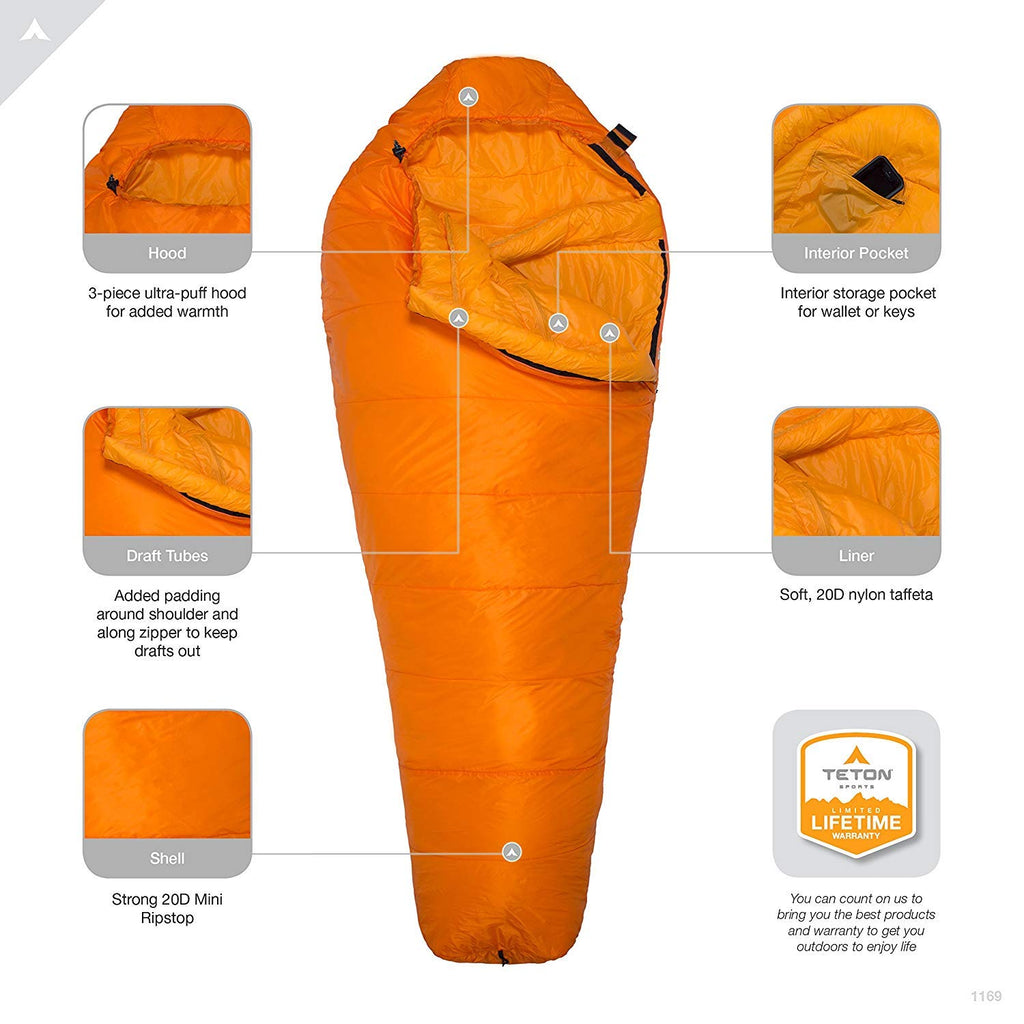 Teton Sports Altos-S 0F Ultralight Mummy Sleeping Bag For Camping, Hiking, Backpacking (Orange), 84 X 32 X 3''