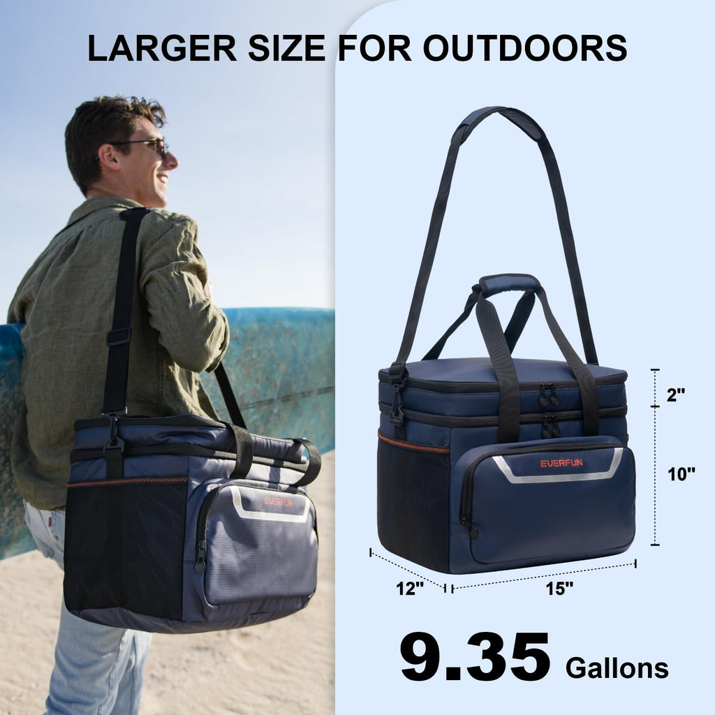 Everfun Large Soft Cooler Bag Travel Beach Insulated Cooler For Men 48 Can Dual Compartments Collapsible Waterproof Leak-Proof F