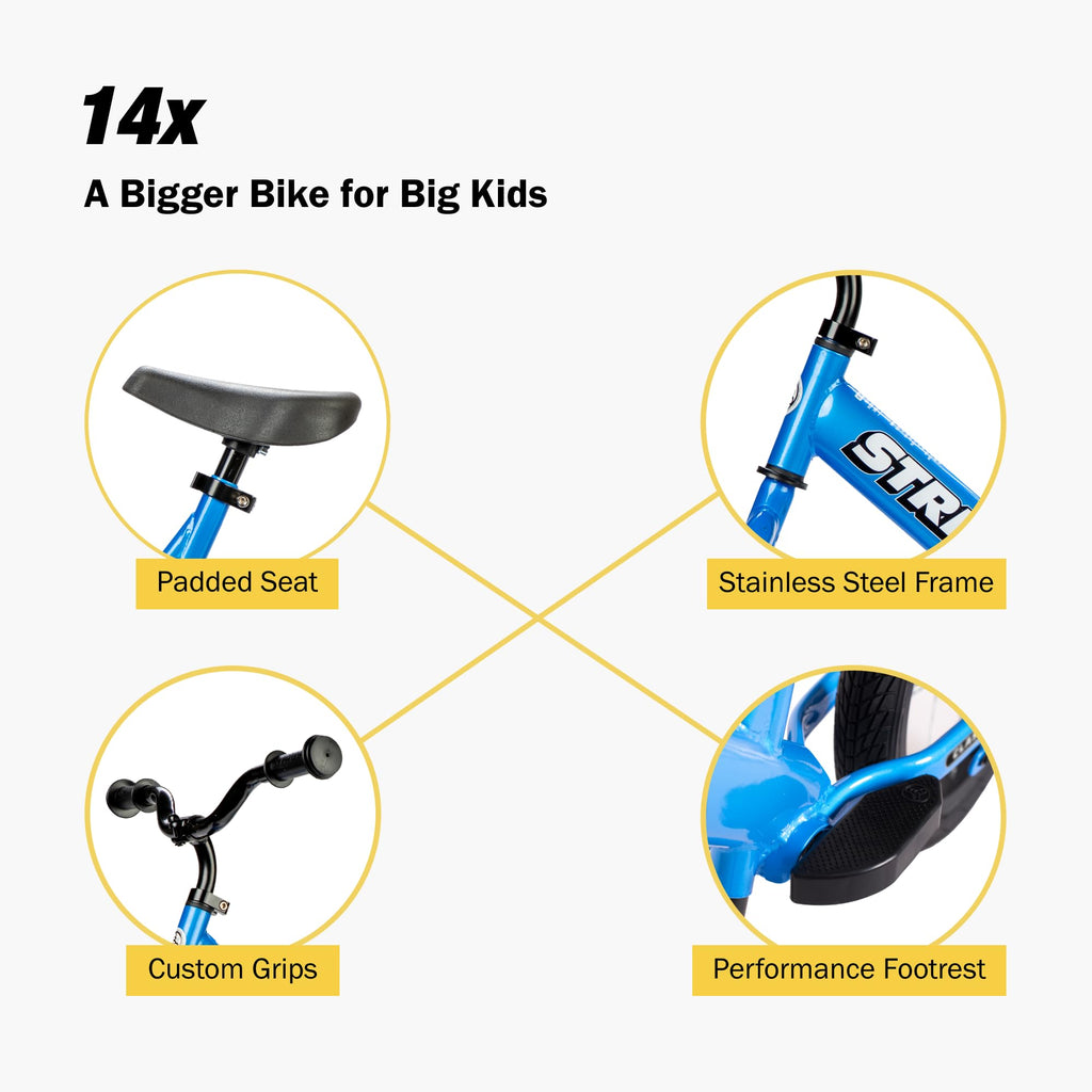 Strider 14X, Awesome Blue - Balance Bike For Kids 3 To 6 Years - Includes Kid-Size Grips, Padded Seat, Performance Footrest & Al