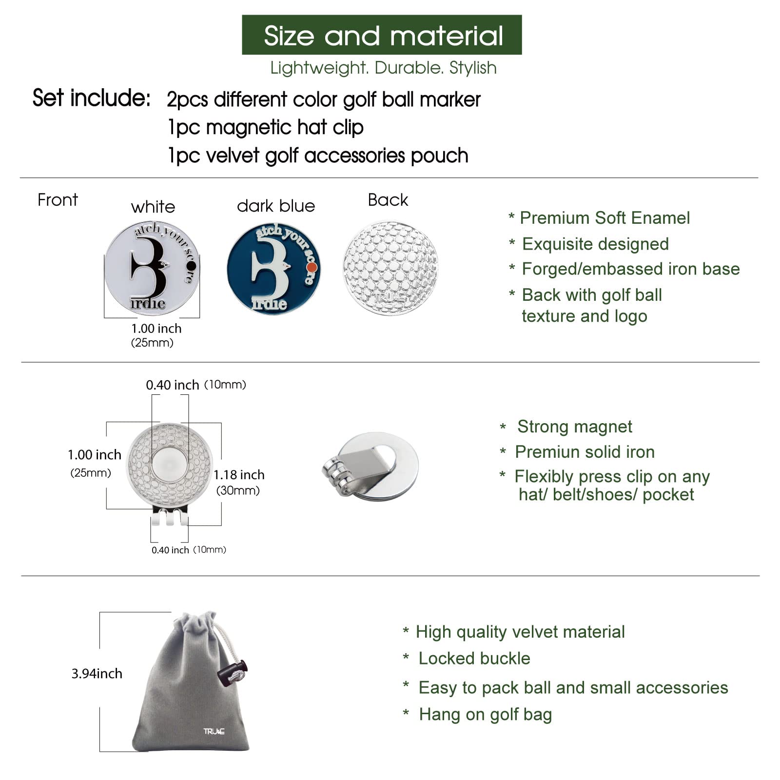 E Truee Golf Ball Marker Hat Clip With Birdie Ball Marker, Golf Accessories For Men And Women, Golf Gifts For Men And Women