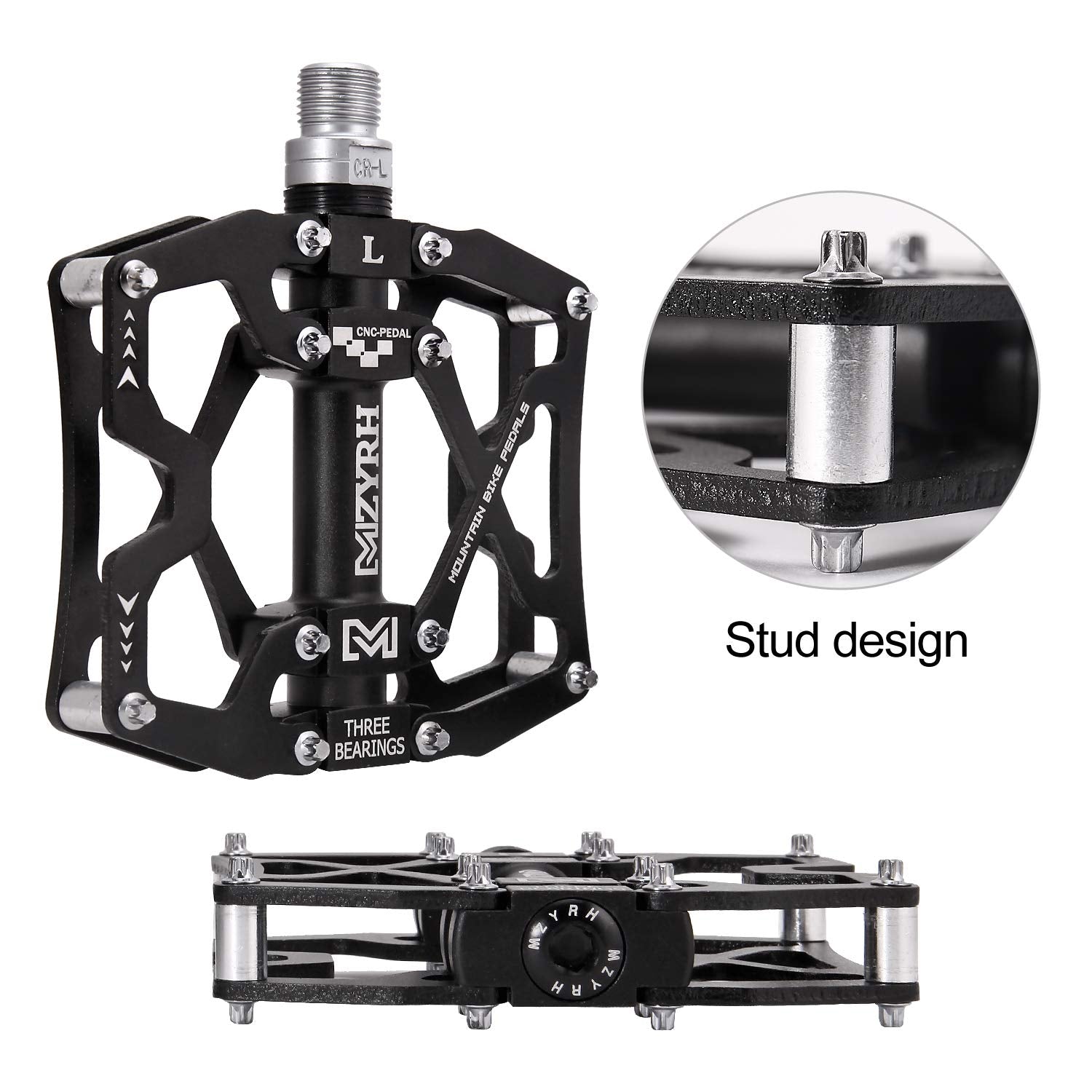 Mzyrh Mountain Bike Pedals, Ultra Strong Colorful Cnc Machined 9/16'' Cycling Sealed 3 Bearing Pedals(Black 3 Bearings)