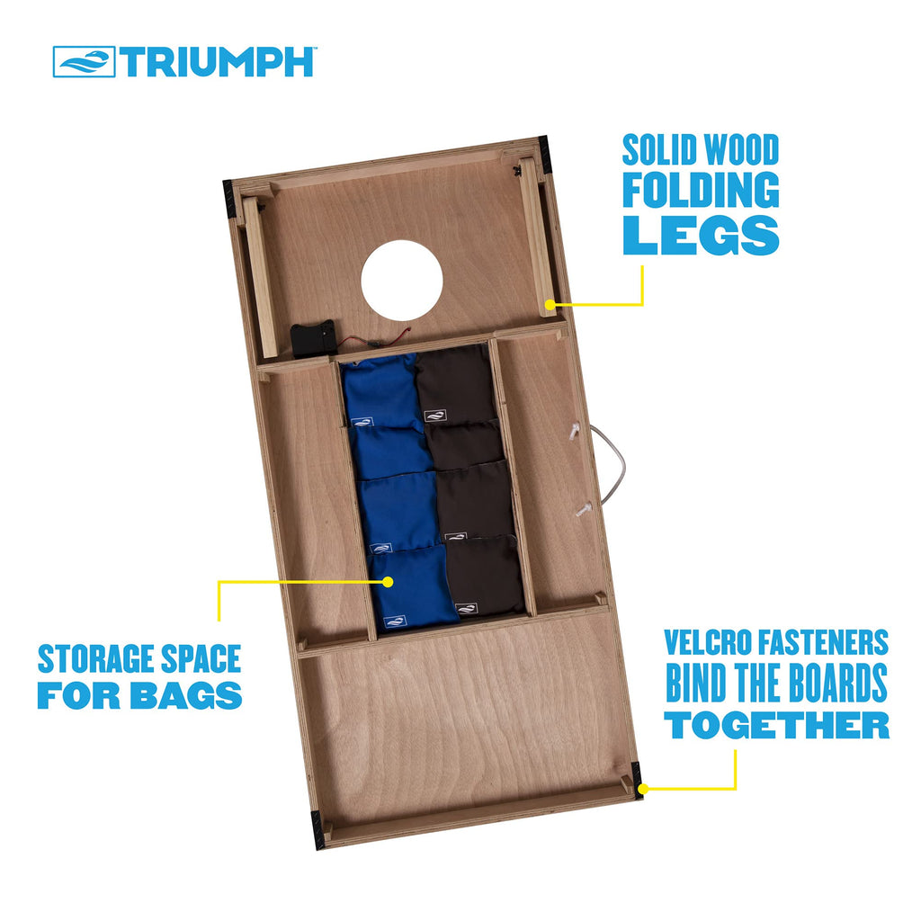 Triumph LED 2x4 Blue/Grey Cornhole Set - Regulation Light-Up Bag Toss Boards with 8 Weather-Resistant Bean Bags - Durable All-Wo
