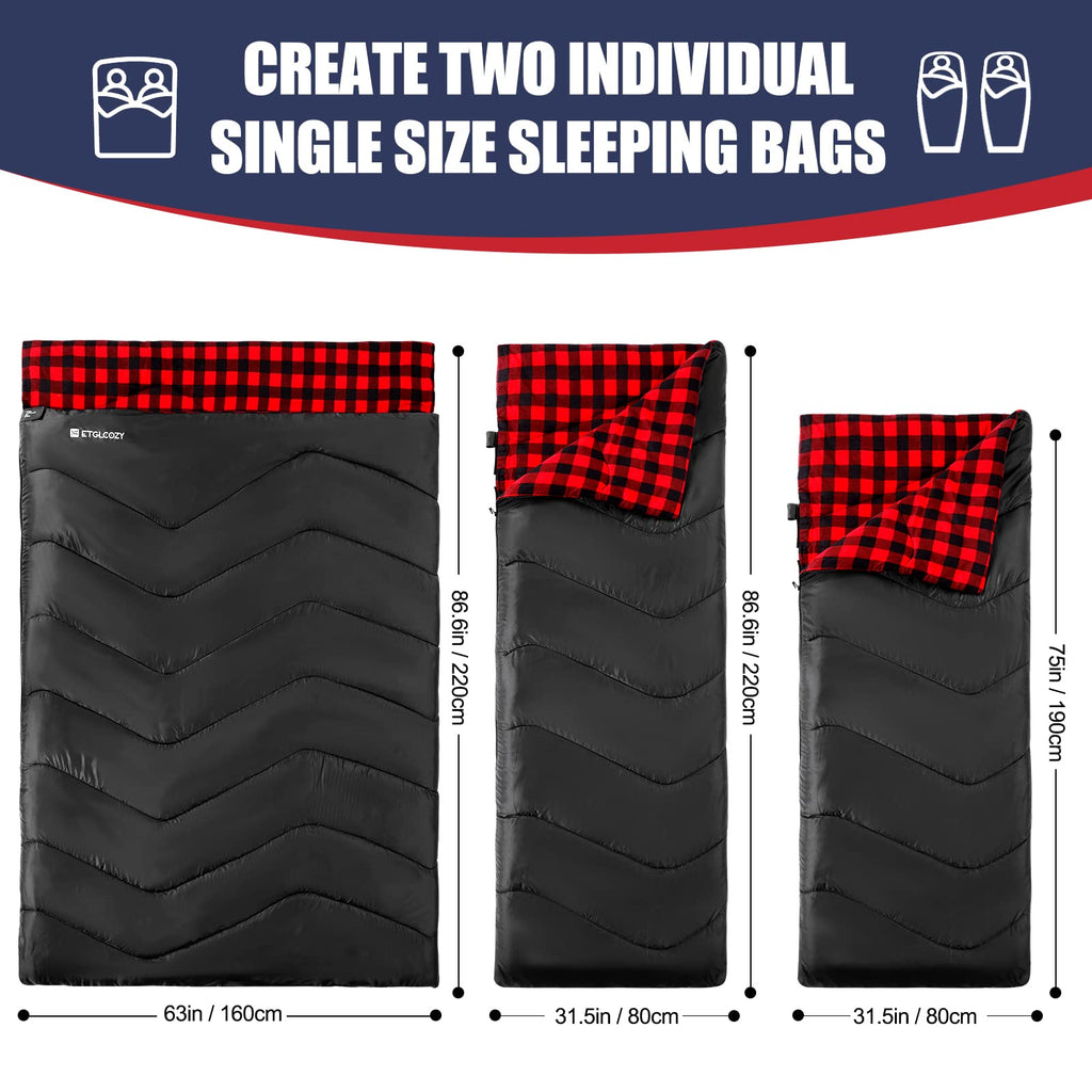 Double/Single Sleeping Bag For Adults Camping, Extra Wide 2 Person Waterproof Cotton Flannel Sleeping Bag For 3-Season Warm & Co