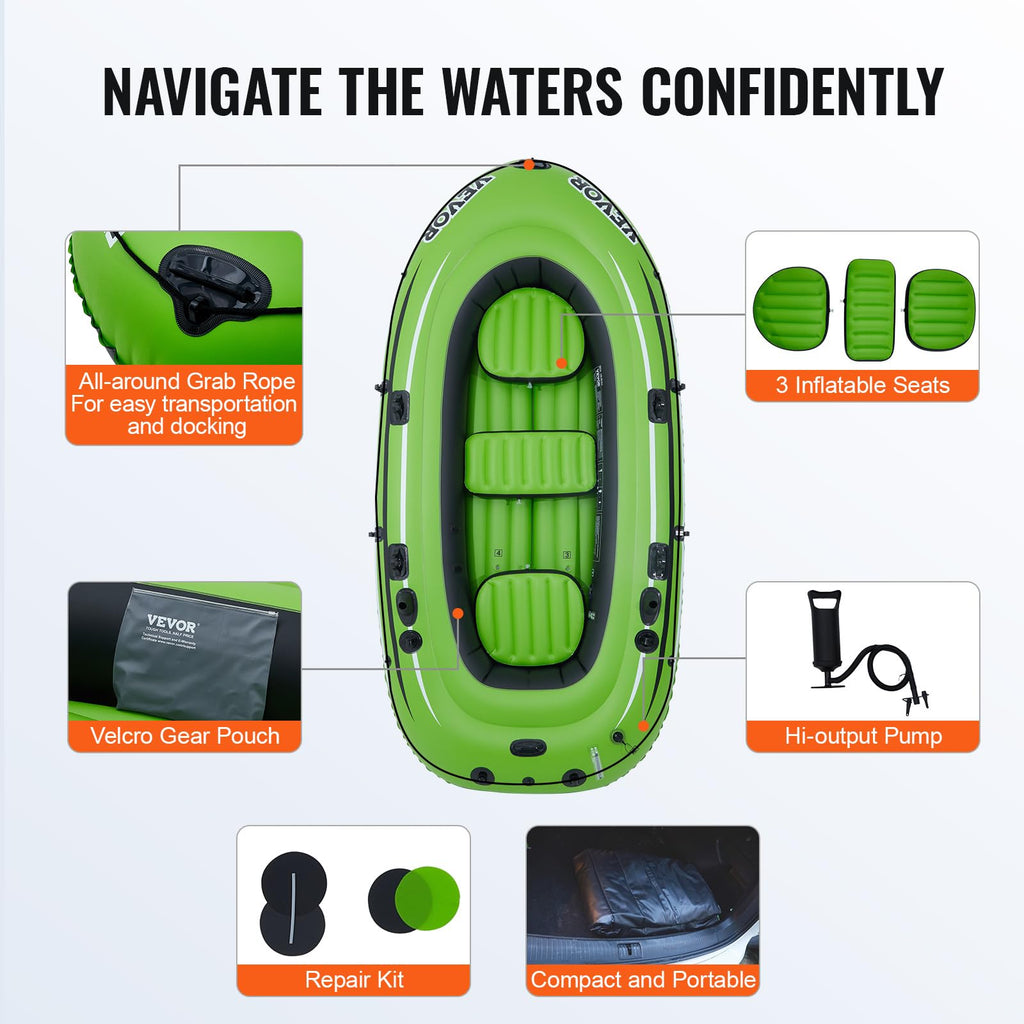 Vevor Inflatable Boat, 3-Person Inflatable Fishing Boat, Strong Pvc Portable Boat Raft Kayak, 45.6 Aluminum Oars, Fishing Rod Ho