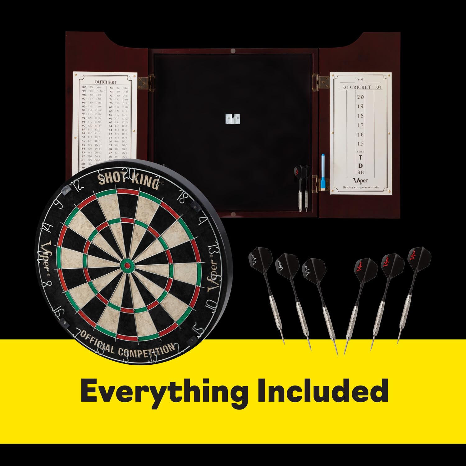 Viper By Gld Products Hudson All-In-One Dart Center: Classic Solid Wood Cabinet & Official Sisal/Bristle Dartboard Bundle: Stand