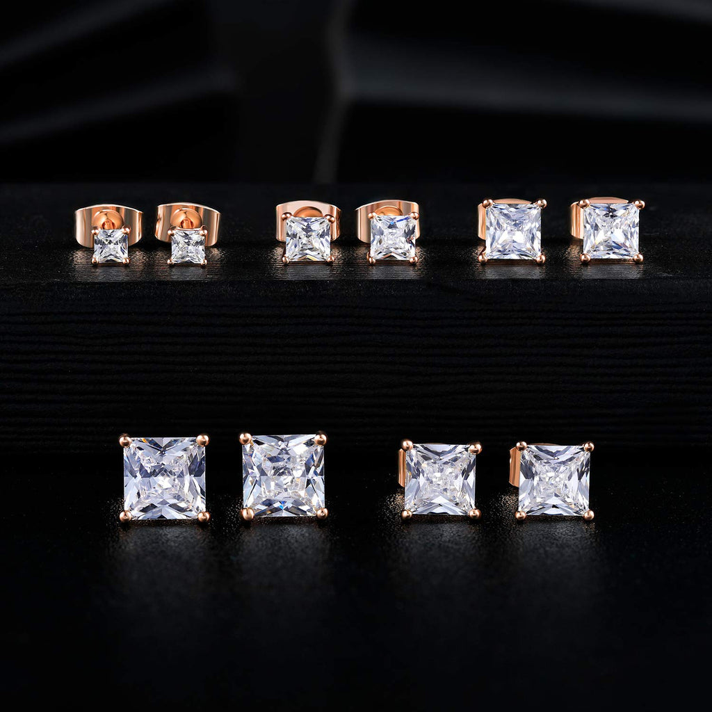 Mdfun 18K Rose Gold Plated Princess Cut Clear Cubic Zirconia Stud Earring Pack Of 5 Pairs