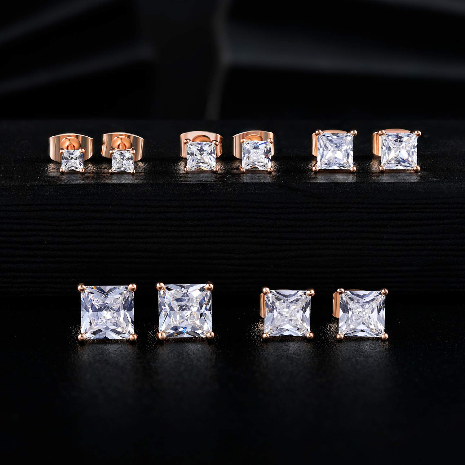 Mdfun 18K Rose Gold Plated Princess Cut Clear Cubic Zirconia Stud Earring Pack Of 5 Pairs