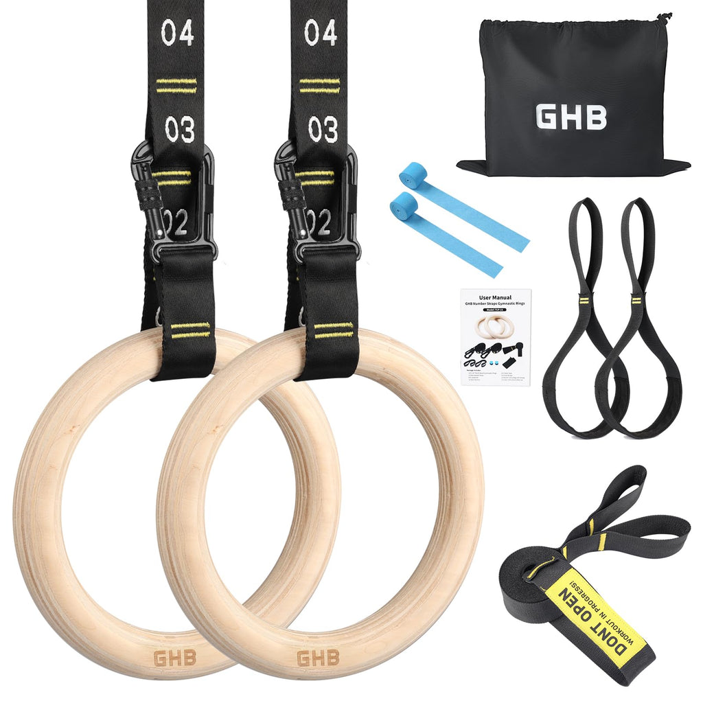 Ghb Gymnastic Rings Wooden Gym Rings 1.25'' Olympic Rings Adjustable Numbered Straps Pull Up Rings Sets For Workout Bodyweight F