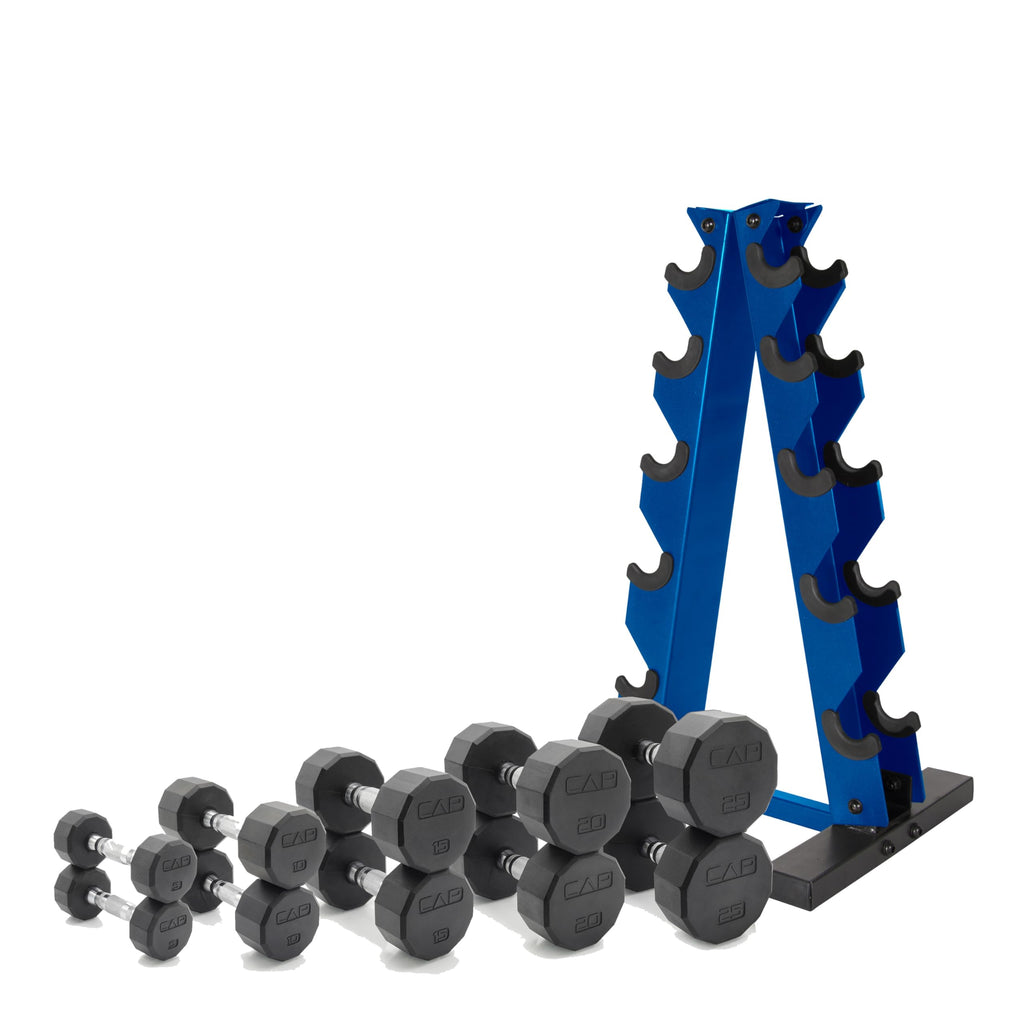 CAP Barbell 150 LB Chrome Handle Coated 12-Sided Dumbbell Set with Vertical Blue Rack