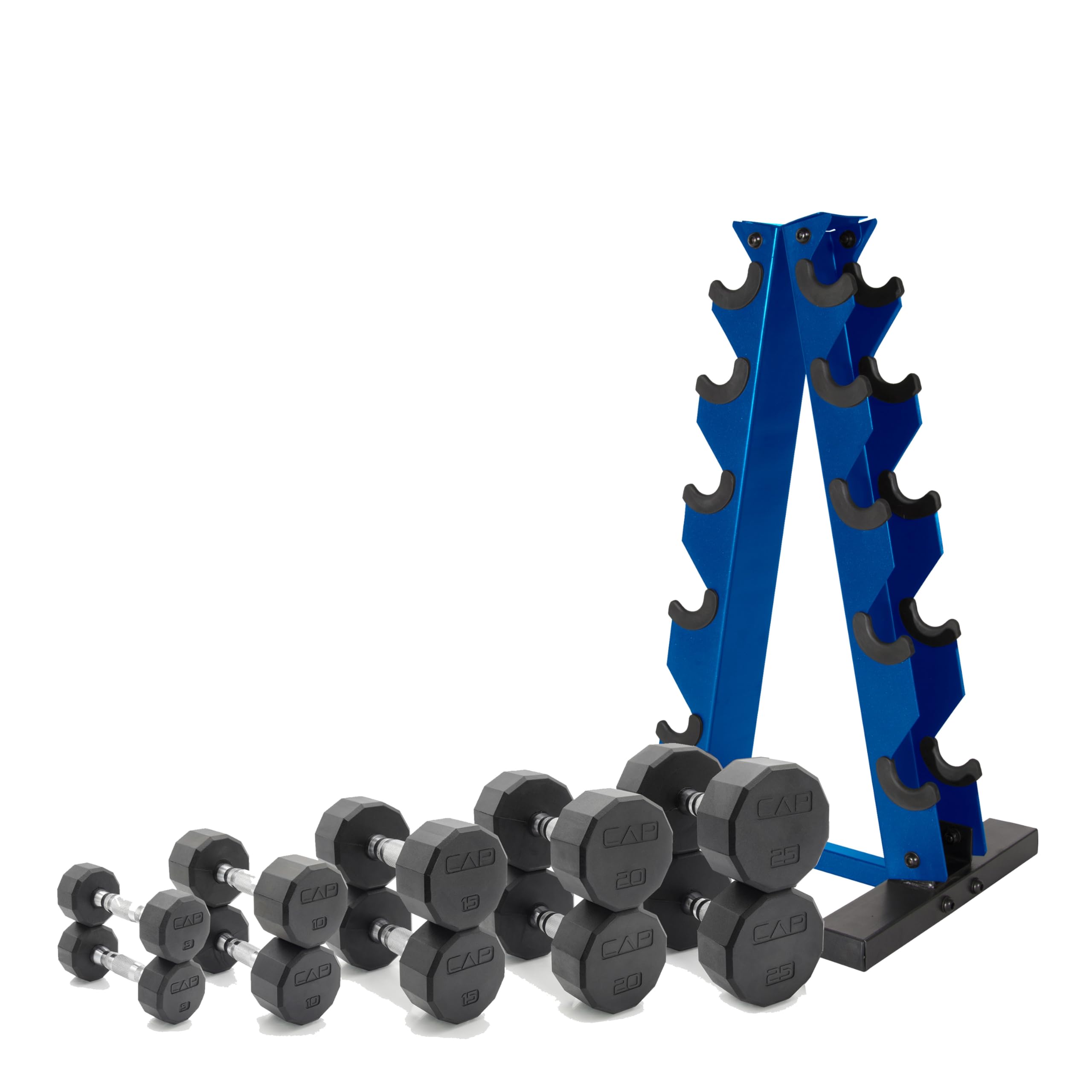 CAP Barbell 150 LB Chrome Handle Coated 12-Sided Dumbbell Set with Vertical Blue Rack