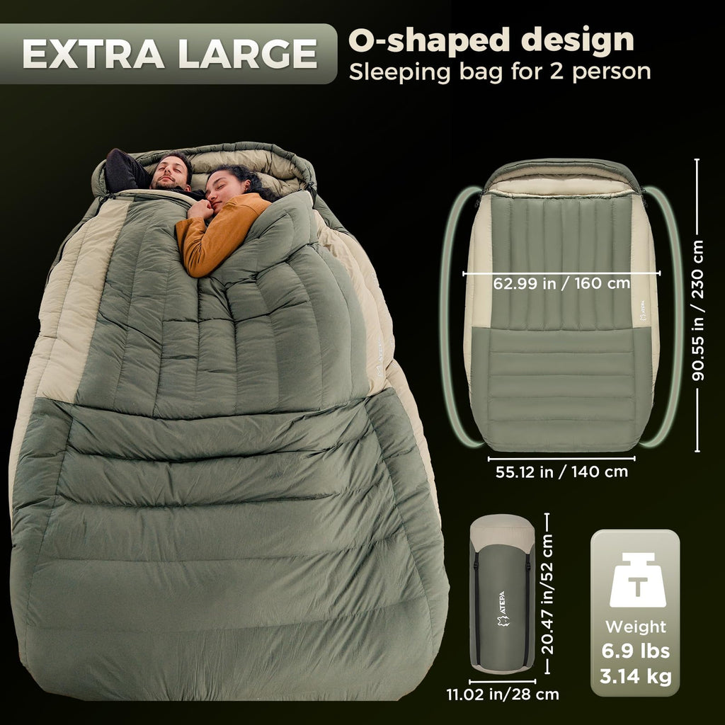 Atepa Double Sleeping Bag-700Fp Down 0 Degree Sleeping Bag For Adults 2 Person- Lightweight Sleeping Bag For Backpacking Couples