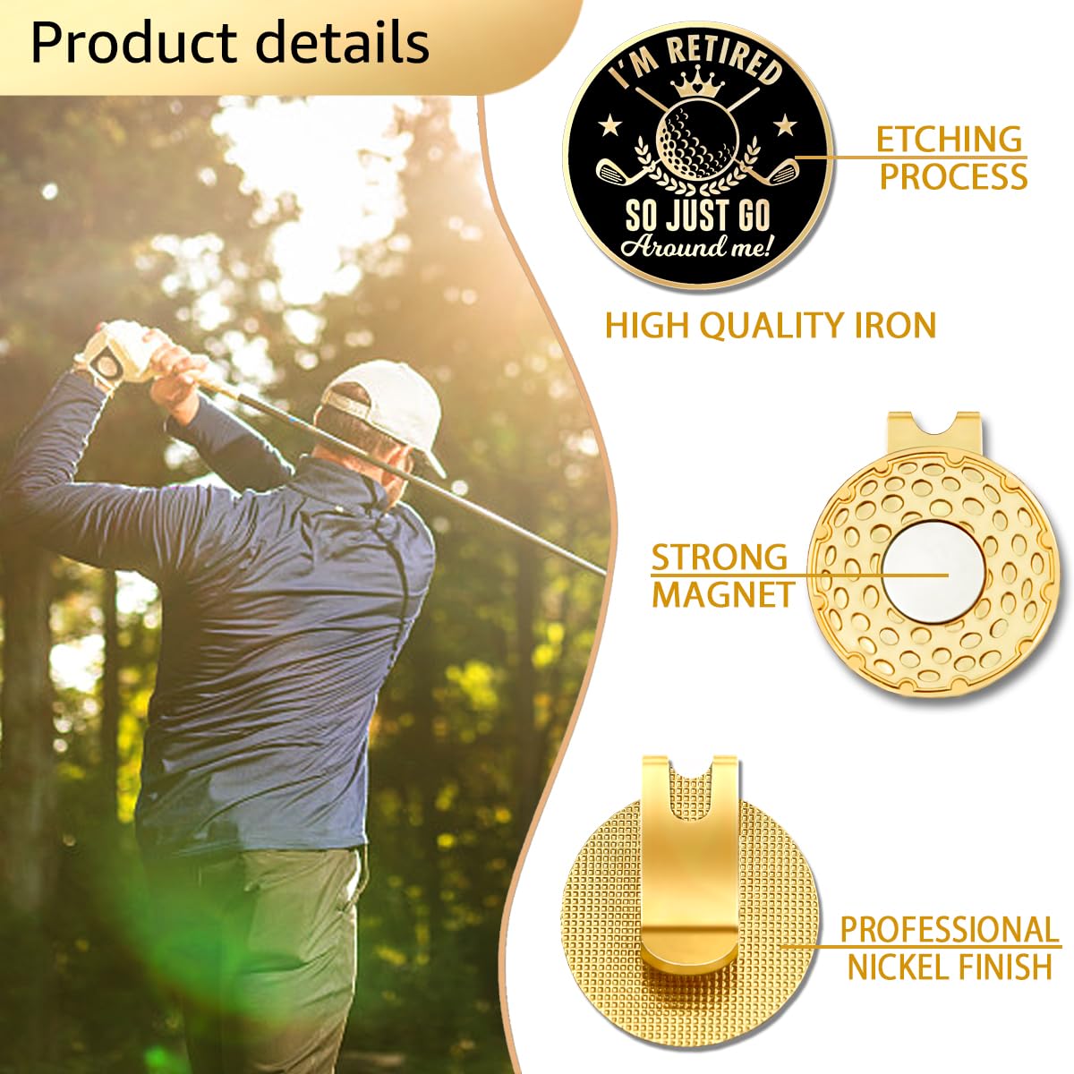 Geygie Im Retired Black Gold Golf Ball Marker With Magnetic Hat Clip, Golf Accessories For Men Women, Golf Gifts For Men Women G