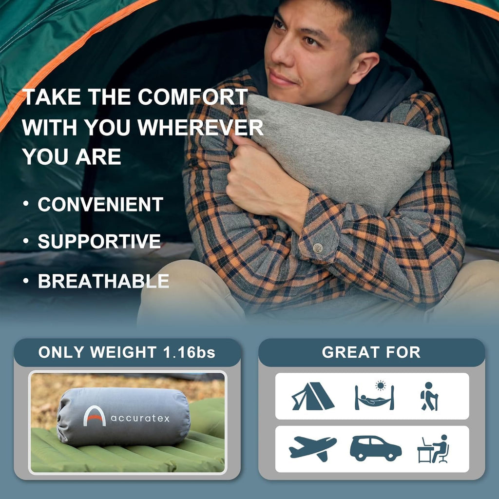 Accuratex Camping Pillow For Woman-100% Cotton Breathable Cover,Shredded Memory Foam Compressible Travel Pillow,Camping&Travel A