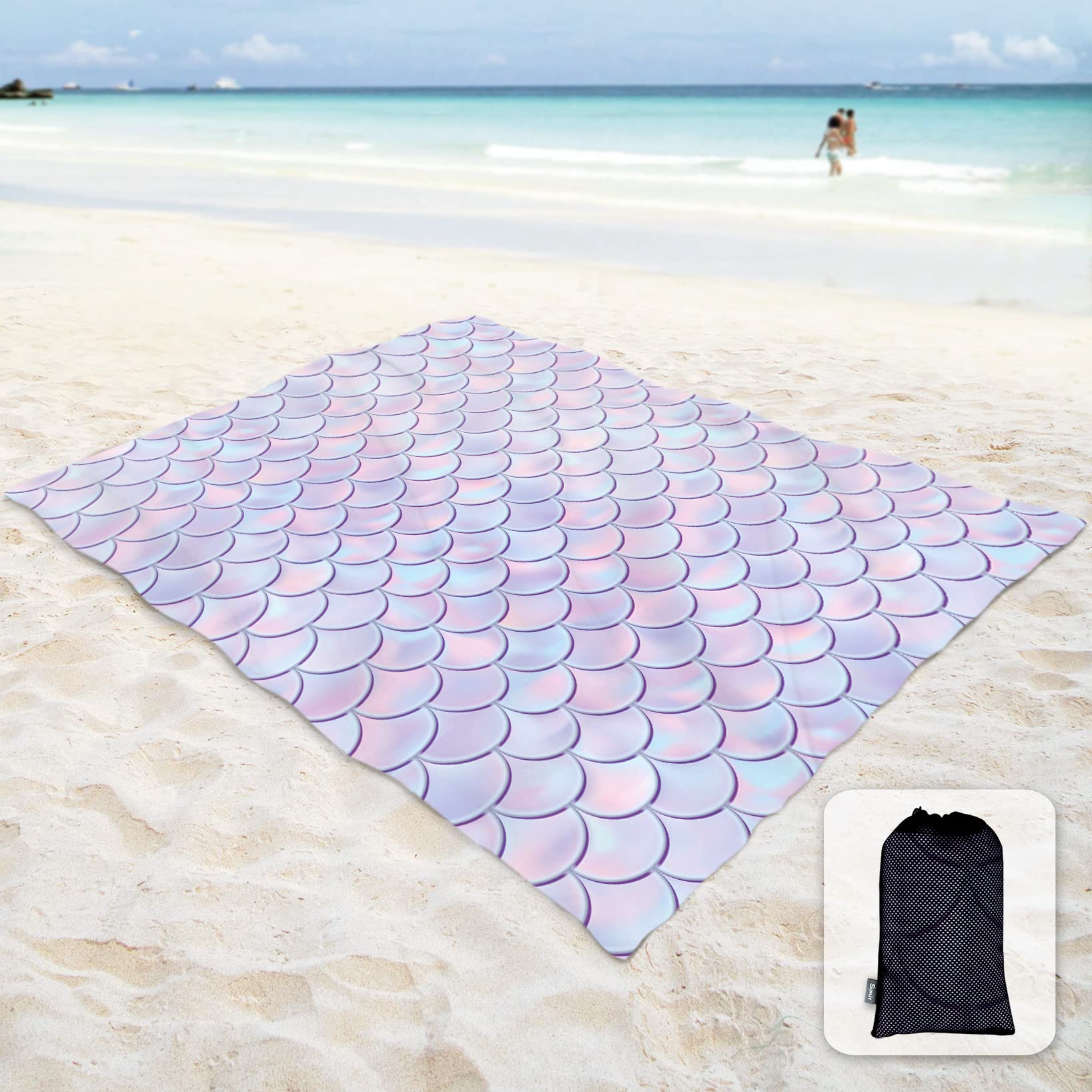 Sunlit Silky Soft 106X81 Sand Proof Beach Blanket Sand Proof Mat With Corner Pockets And Mesh Bag For Beach Party, Travel, Campi