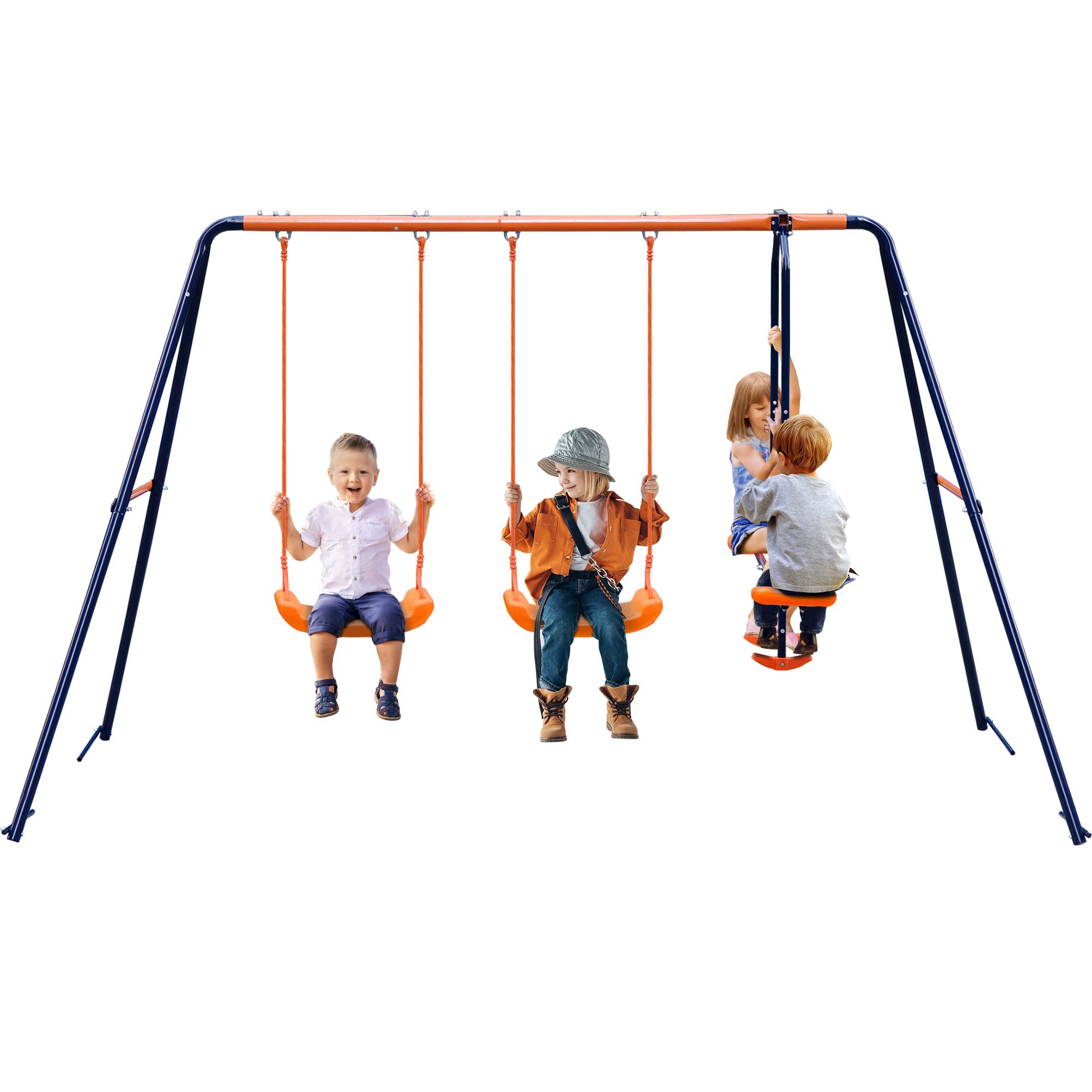 Smartxchoices Metal Swing Set with 2 Belt Swings, 1 Seesaw Play Set, Heavy Duty Metal A-Frame Garden Double Swing Slider Set for