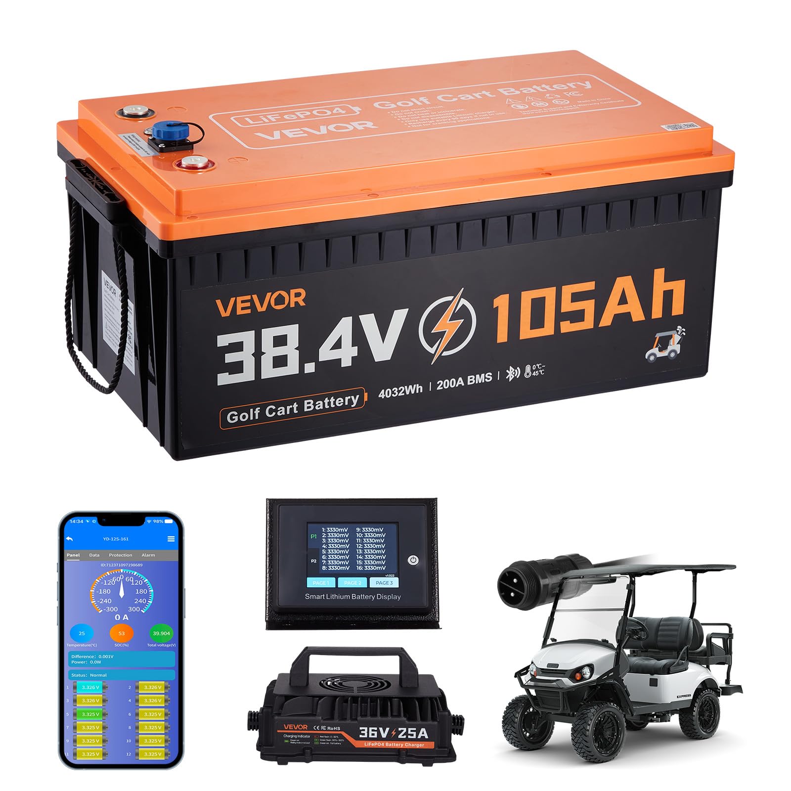 VEVOR 36V (38.4V) 105AH Lithium Golf Cart Battery, with 25A Charger, Lifepo4 Battery Kit, Built-in 200A BMS, with Bluetooth & To