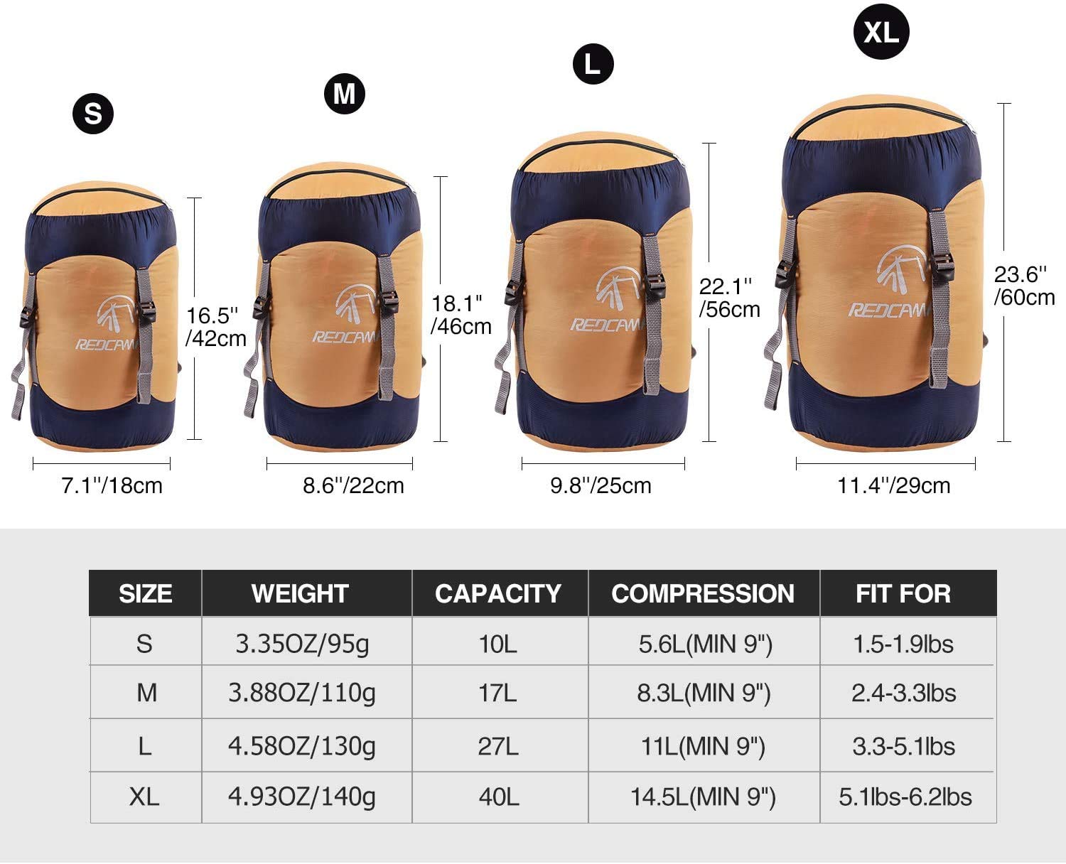 Redcamp Nylon Compression Stuff Sack, Lightweight Sleeping Bag Compression Sack Great For Backpacking, Hiking And Camping, Orang