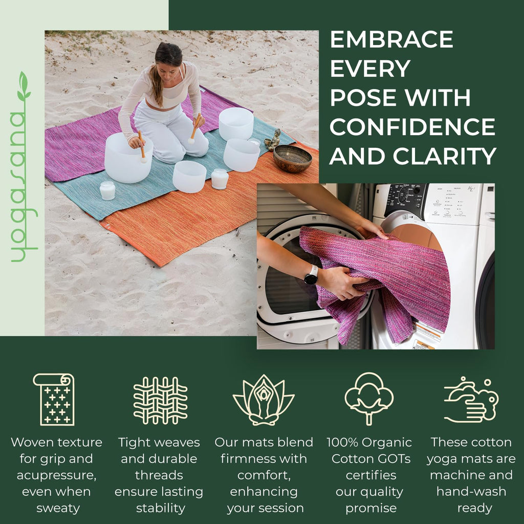 Yogasana Organic Cotton Yoga Mat - Non Slip Hand-Woven Foldable Yoga Rug Provides Excellent Comfort, Traction & Support-Travel E
