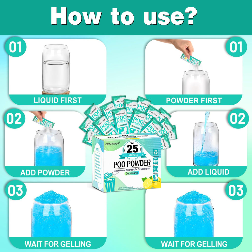 Crazythur Poo Absorbent Gel Powder, 25Pcs Portable Toilet Gel, Camping Toilet Gels, Porta Potty Chemicals,Portable Toilets Powde
